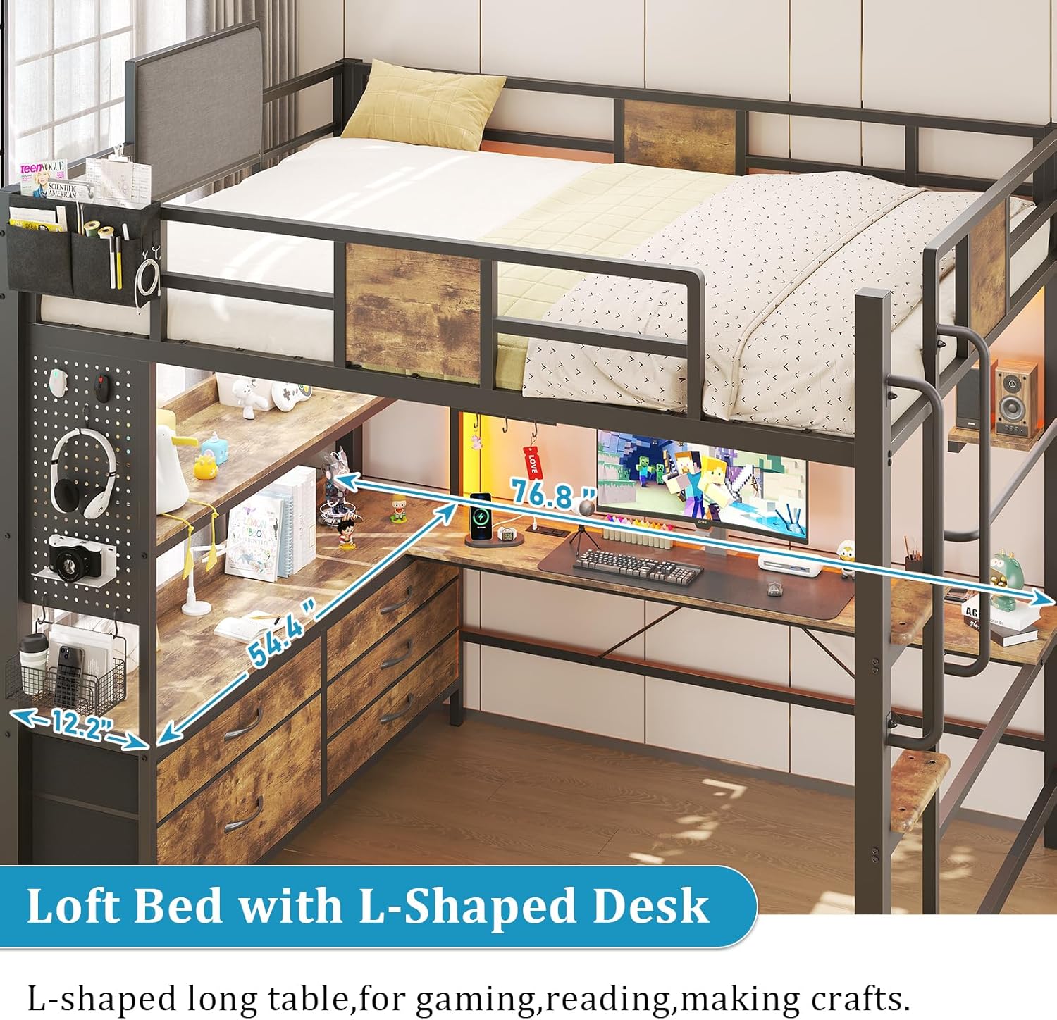 Loft Bed with Desk,Loft Bed Full Size with 5 Drawers & 3 Open Shelves and LED Lights,Full Size Loft bed with Charging Station & Thickened Tread Stairs for Adults/Kids/Young Teens,Vintage Brown