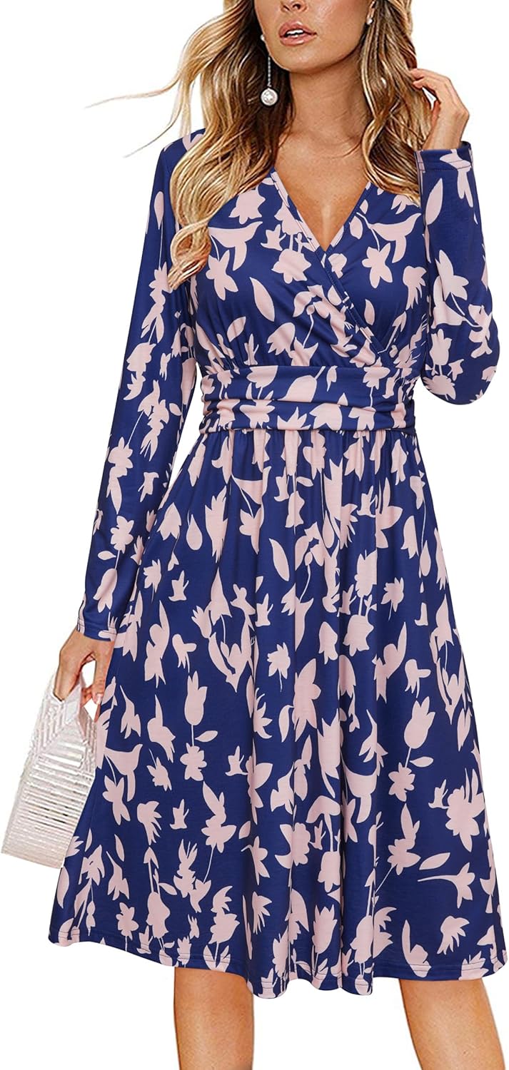 OUGES Women's Fall Long Sleeve Dress Casual Wrap V Neck Flowy Midi Wedding Guest Dresses with Pockets 2025