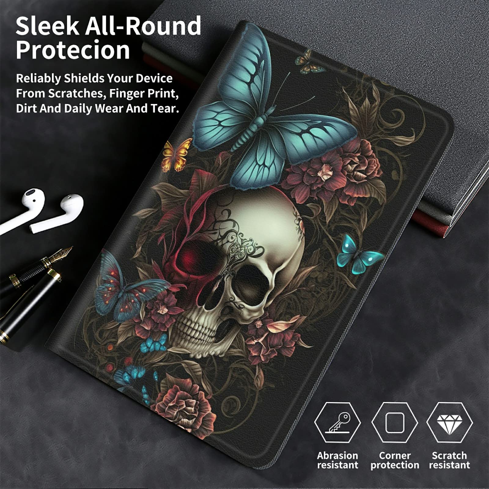 Funda para tablet Kindle Fire HD 8 y Fire HD 8 Plus de 10ª/12ª generación 2020/2022, ligera, con función atril ajustable, con encendido y apagado automático, calavera mariposa azul