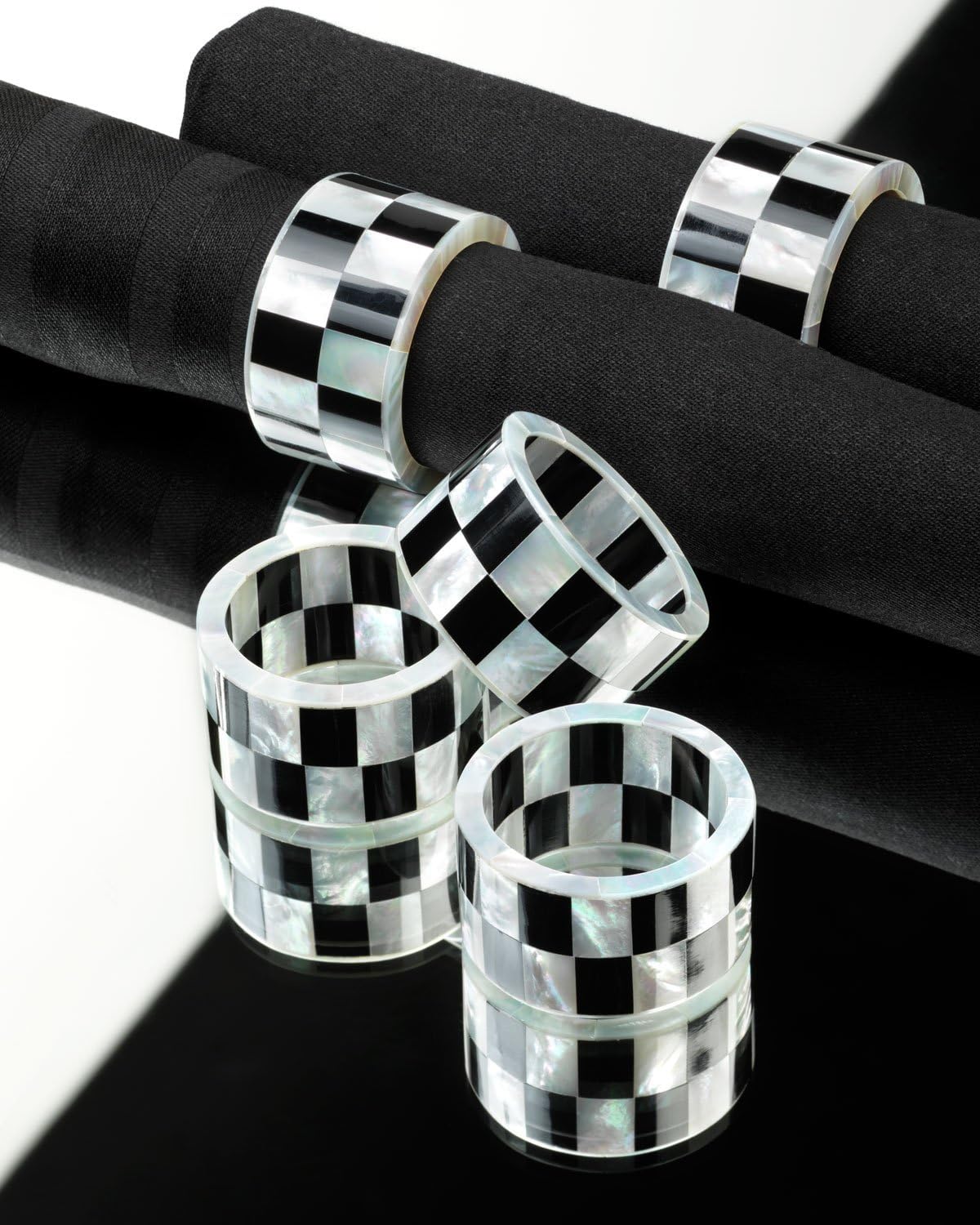 Pearl White and Black Deco Check, Mother of Pearl Napkin Rings (set of 2 rings)