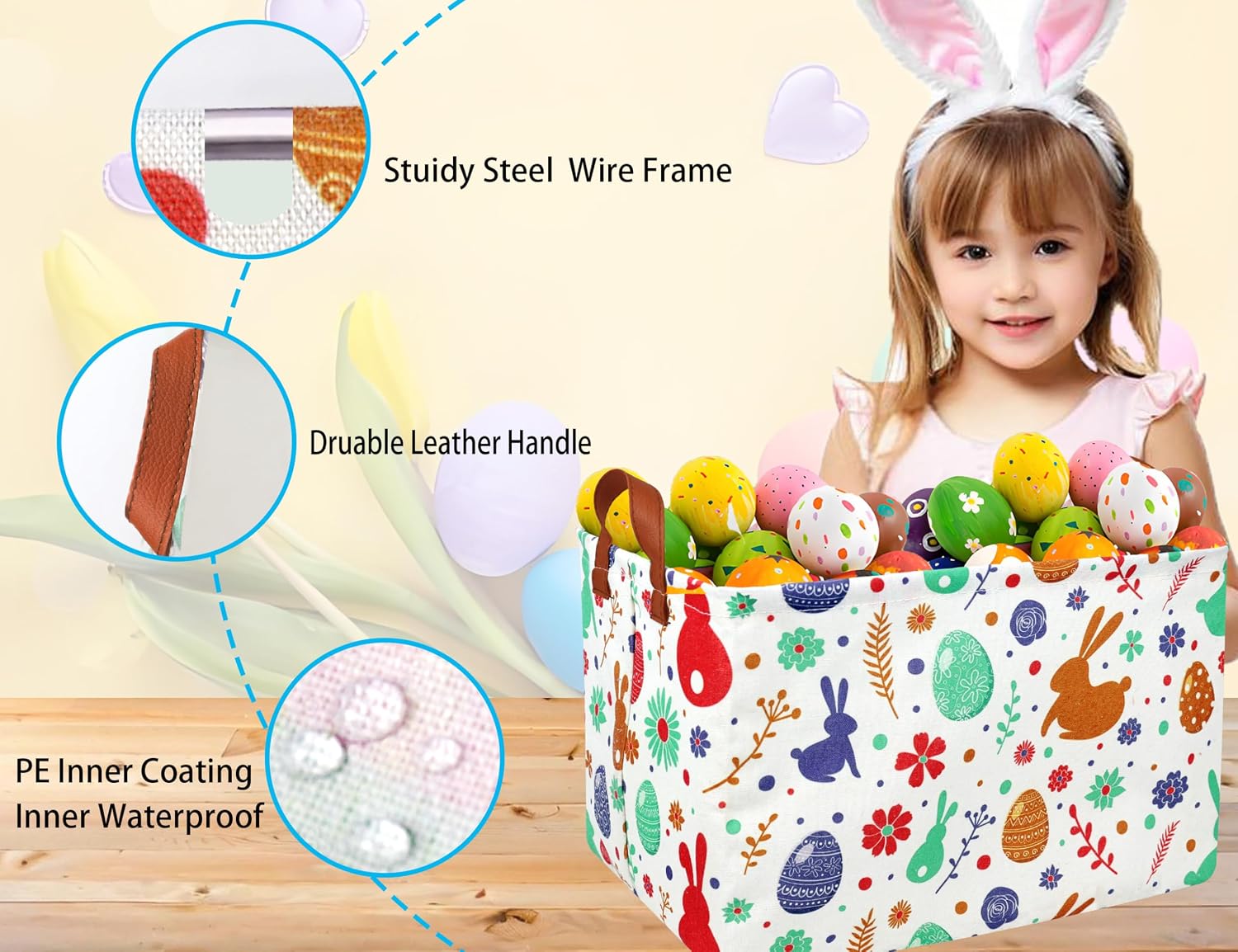 Rectangle Empty Easter Baskets Boy Large Toy Storage Bin Girls collapsible Hamper Waterproof Canvas Box Kid Gifts Spring Decor( boho Red Rabbit )