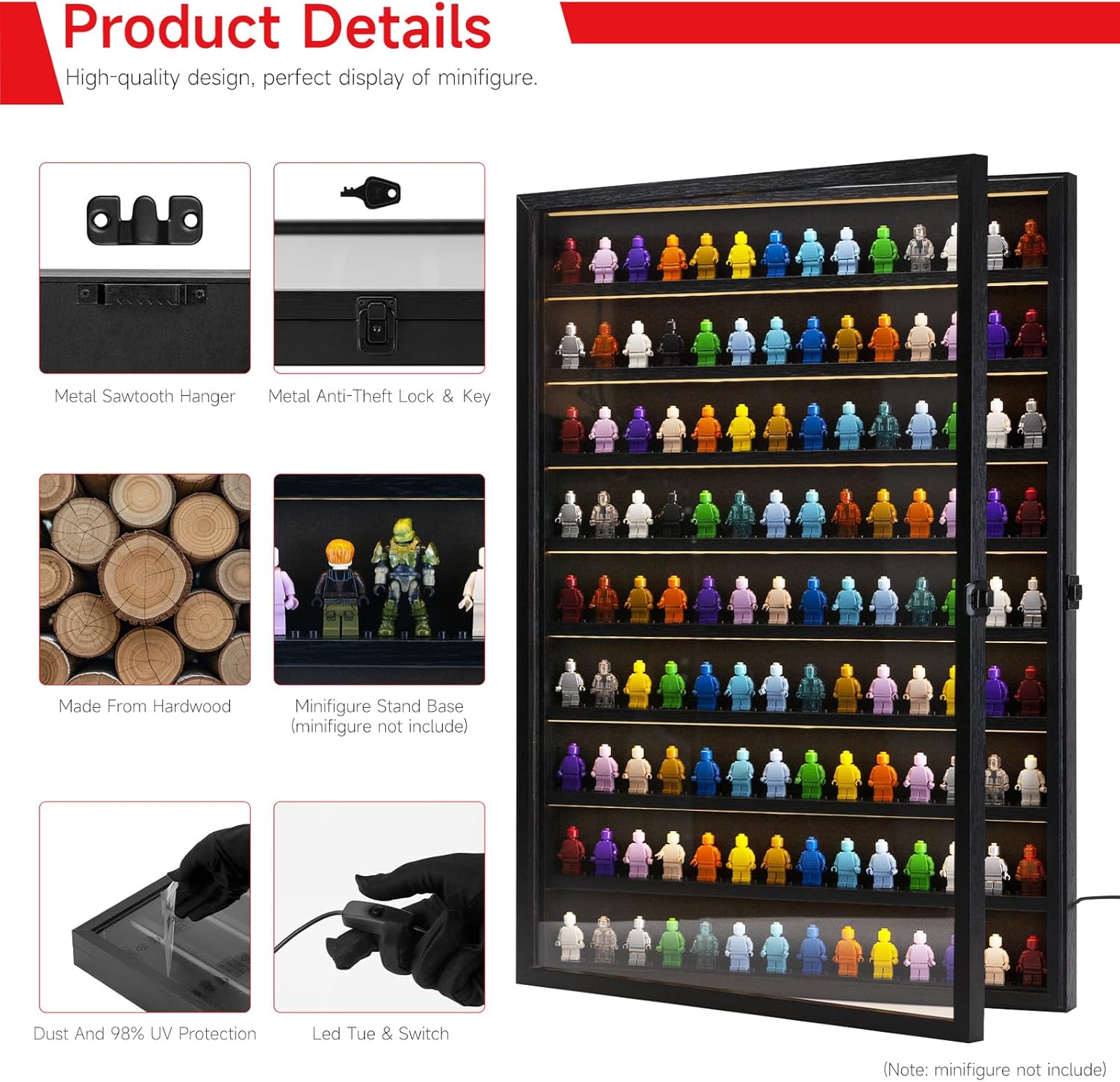 SIXPOINTS LED Minifigures Display Case-Wall Mount Miniature Action Figure Display Cabinet Holder-Holds 126 Figure Men Miniatures Collection-Lockable (Black Wood Finish)