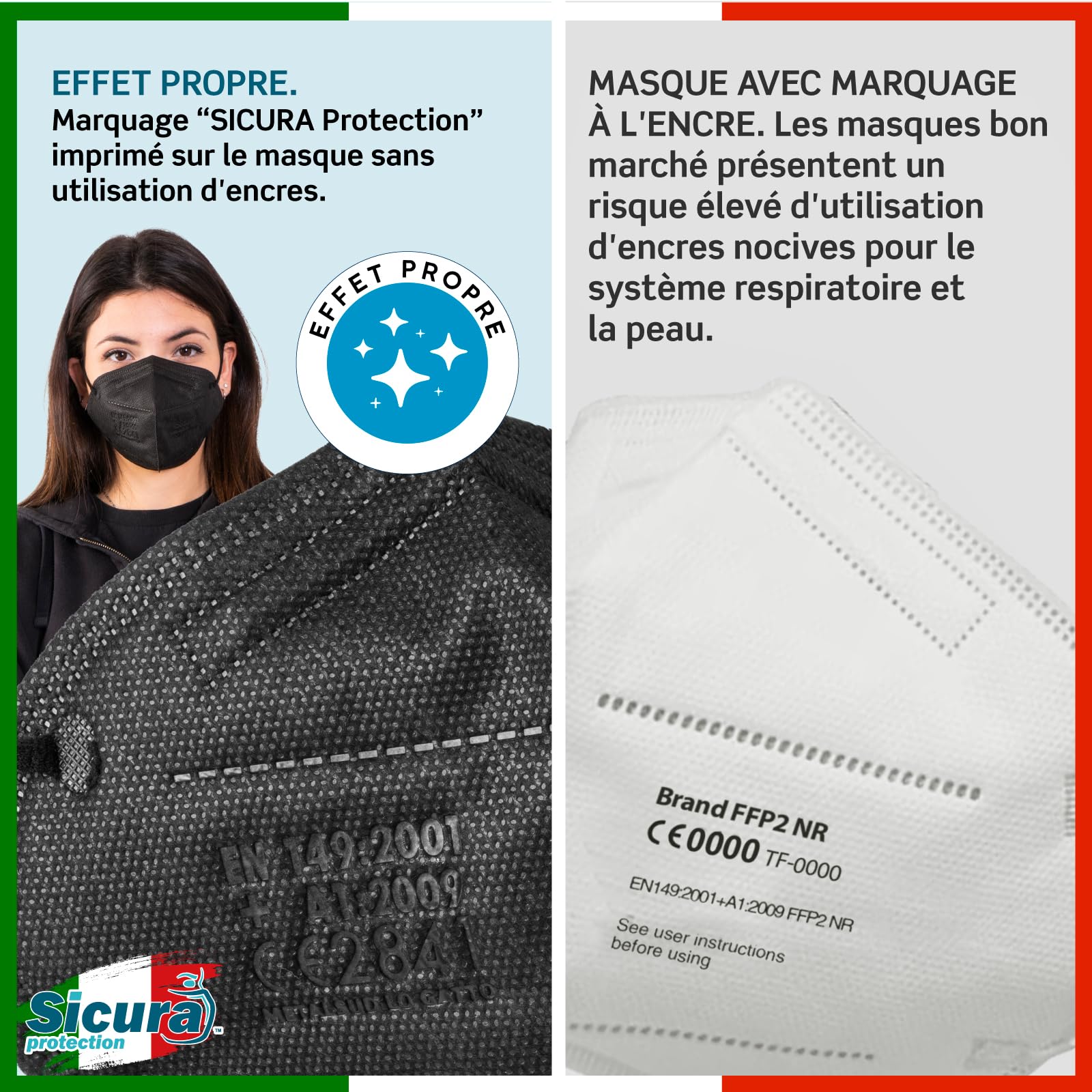 100 masques FFP2 Noir certifié CE Fabriqué en Italie Sicura BFE ≥99% SANITIZÉ et scellé individuellement EN 149:2001+A1:2009