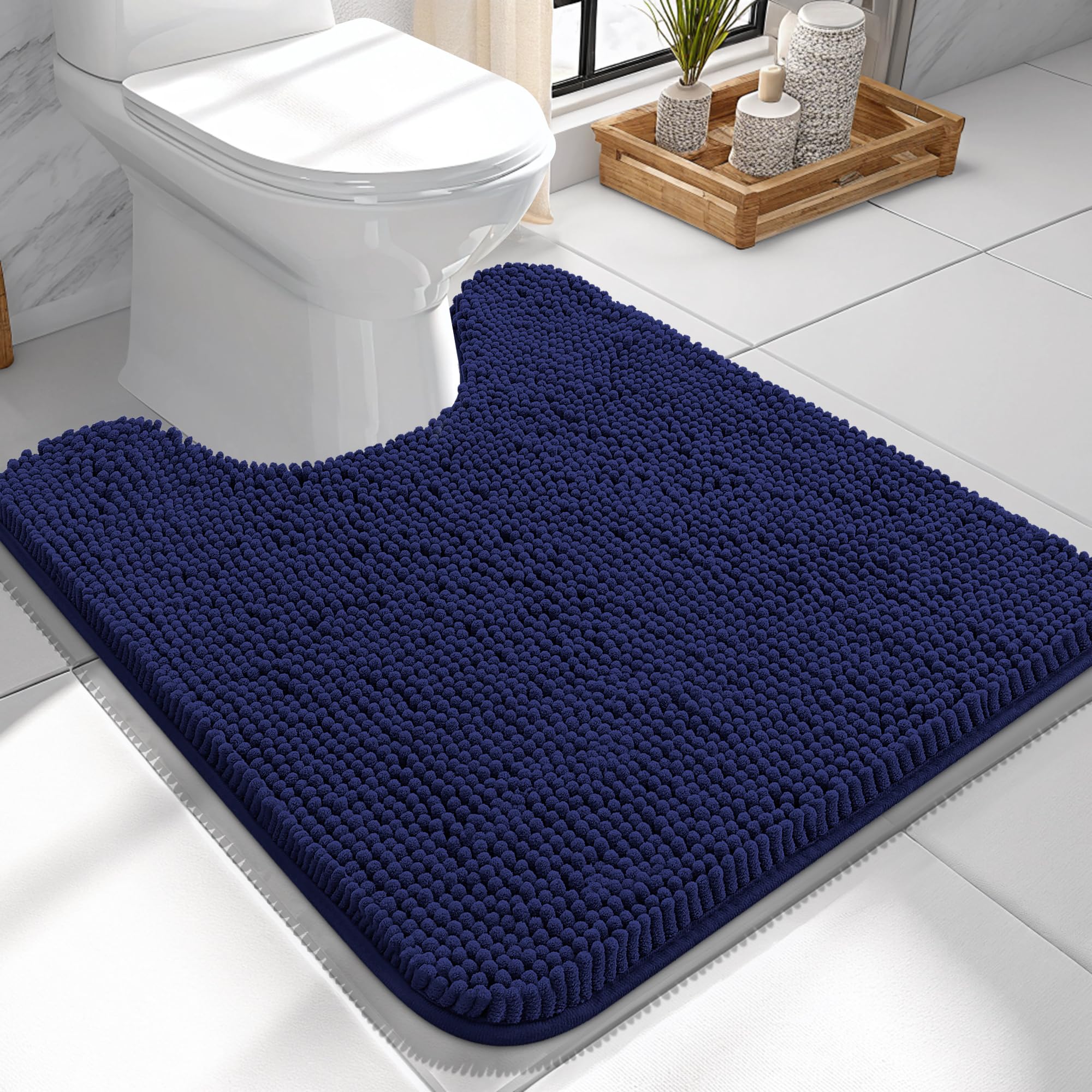 OLANLY Toilet Rugs U-Shaped 24x24, Soft Absorbent Chenille Contour Rugs | Twilight Sapphire, Quick-Drying Rubber Backing, Washable Non-Slip Shaggy Bathroom Mat for Toilet, Home Decor Accessories