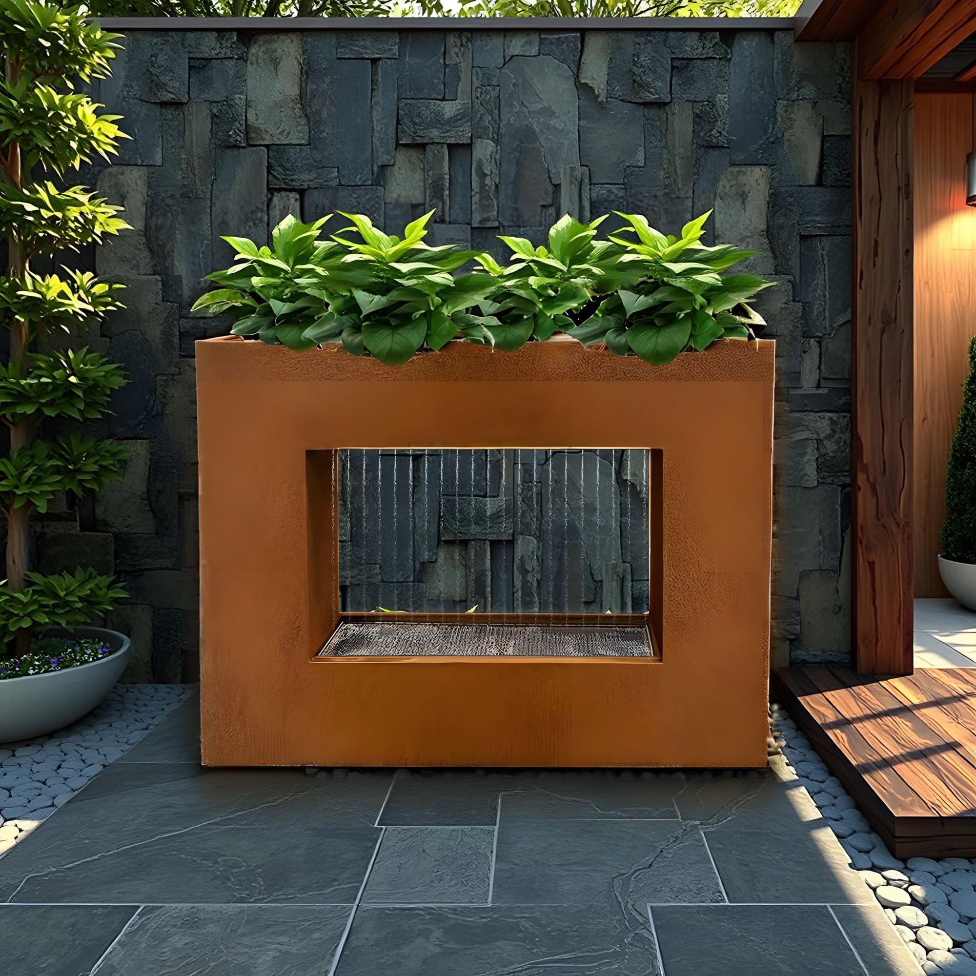 KÖHKO® 32001B - Cortina de agua con iluminación LED, altura 60 cm, acero corten con macetero, cascada, fuente de agua