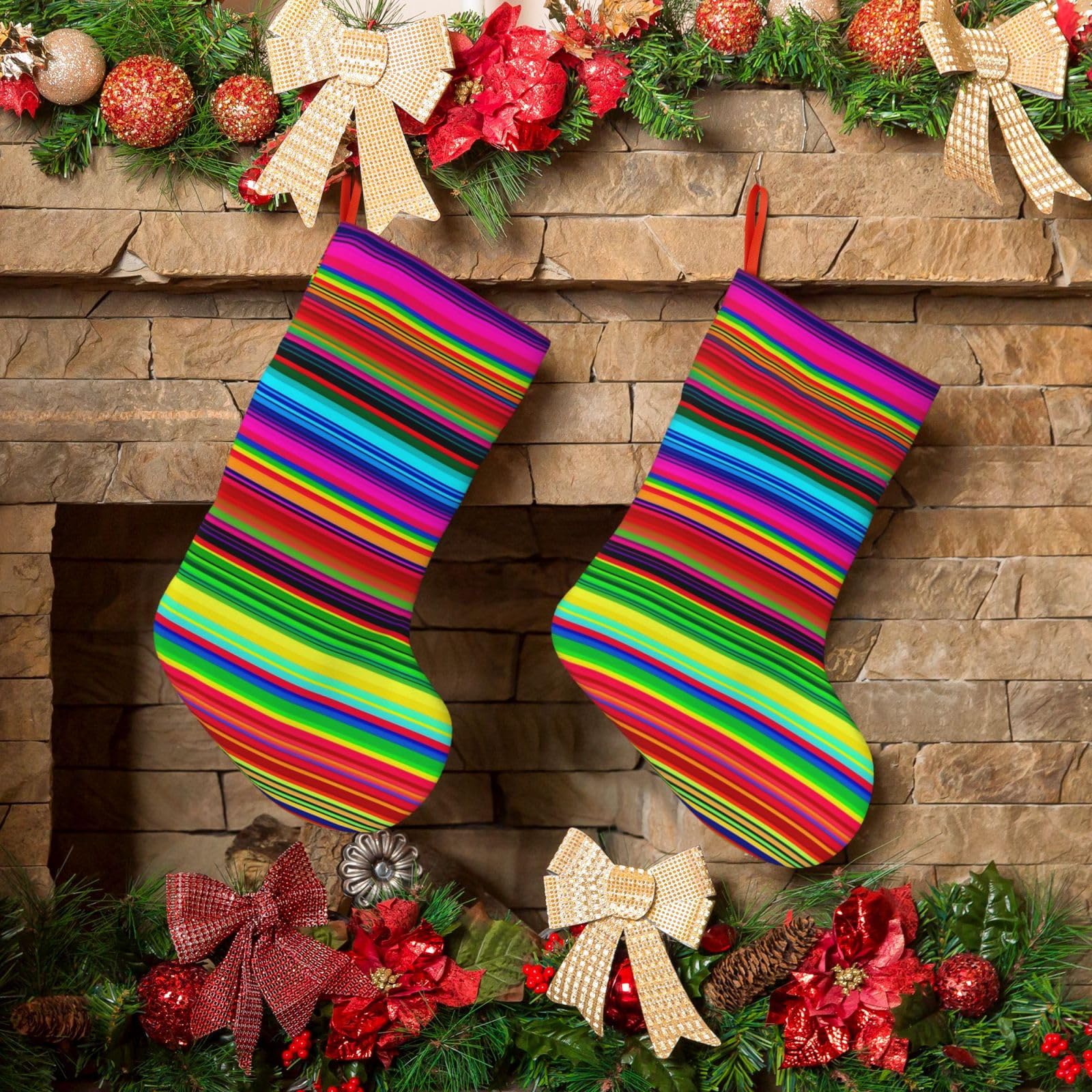 KLOPH Christmas Stockings 18" Personalized Xmas Stocking Colorful Mexican Stripes Decoration Stocking Hanging Fireplace Stocking for Holiday Xmas Tree Christmas Fireplace Decor
