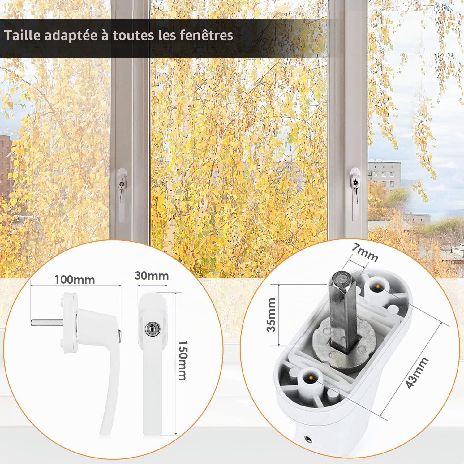 8 poignées de fenêtre verrouillables - Sécurité Enfant - Longueur de la Tige : 35 mm - avec 16 clés - Poignées de fenêtre verrouillables dans la Serrure de fenêtre fermée en Aluminium -Blanc