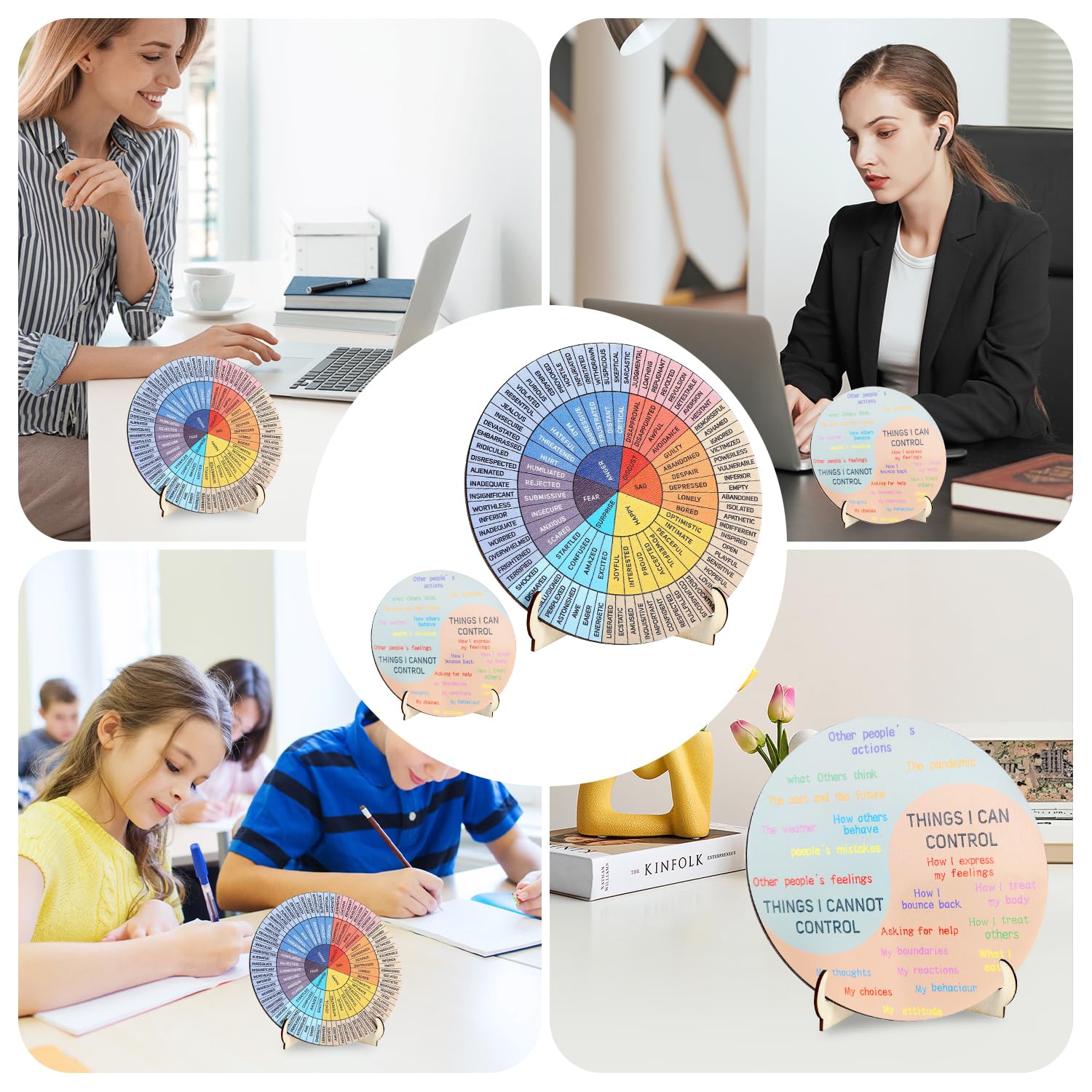 Rueda de Sentimientos de Doble Cara con Soporte | Rueda de Emociones de Madera para Terapeutas y Profesores | Tabla de Sentimientos de Salud Mental para Decoración de Oficinas en Casa