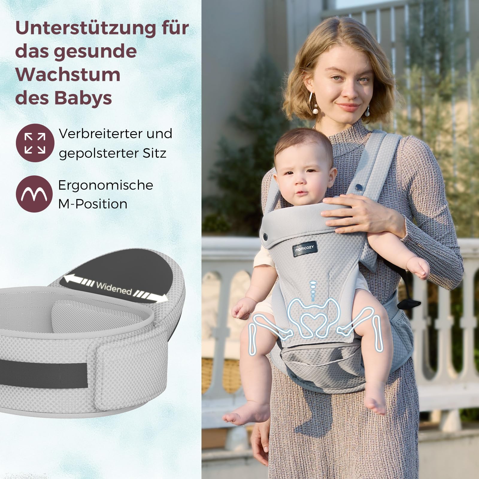 Momcozy Babytrage mit Hüftkissen, 2-in-1 Verstellbare & Abnehmbare Hüfttrage bis 20kg, Atmungsaktive Tragehilfe mit Lendenstütze für Eltern, Leichte Babytrage für Neugeborene, Grau