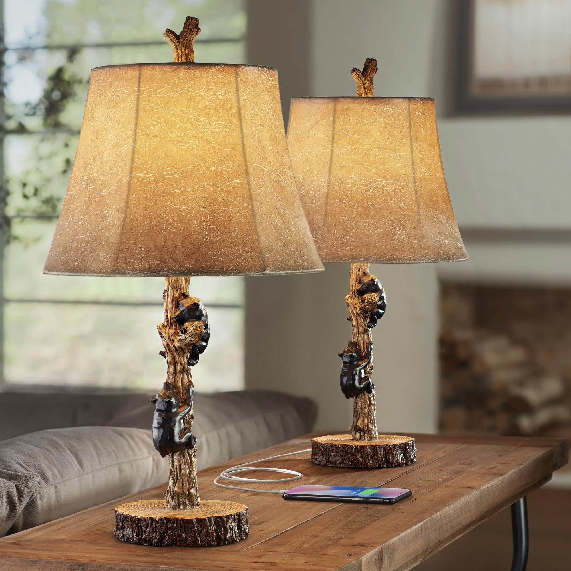 John Timberland Climbing Bears 22 1/2" High Small Rustic Natural Country Cottage Accent Table Lamps Set of 2 USB Port Brown Black Wood Finish Living Room Charging Bedroom Bedside Nightstand