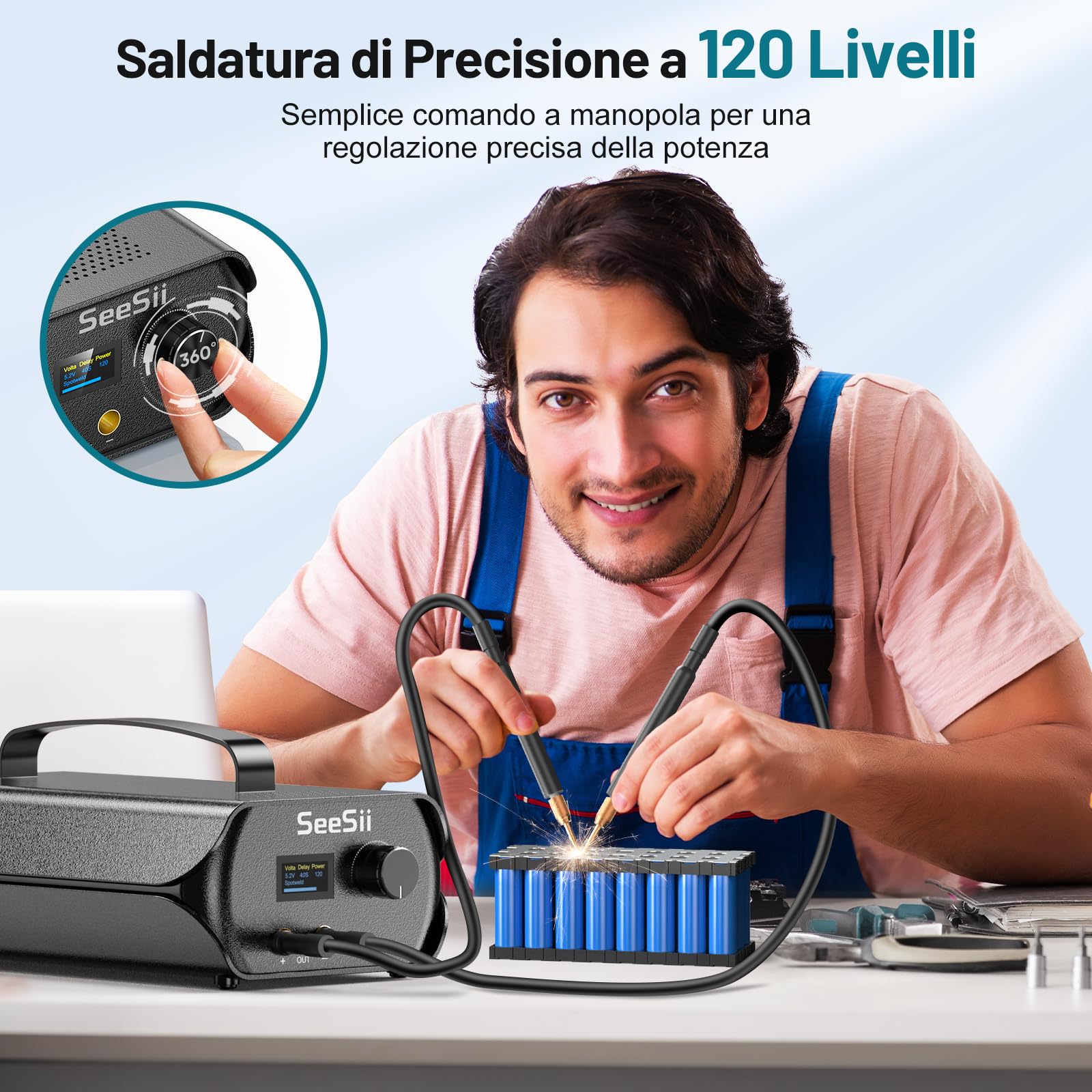 SeeSii Condensatore Saldatore a Punti, Saldatore a Punti Portatile con 3000F Condensatore, Spot Welder con Regolabile 120 Ingranaggi Supporto 0,1-0,3 mm Striscia di Nichel