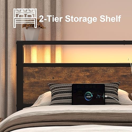 Miniatura 6 de Queen Size Bed Frame with Charging Station and LED Lights, Metal Platform Bed with 2-Tier Storage Headboard, Noise Free, No Box Spring Needed, Easy