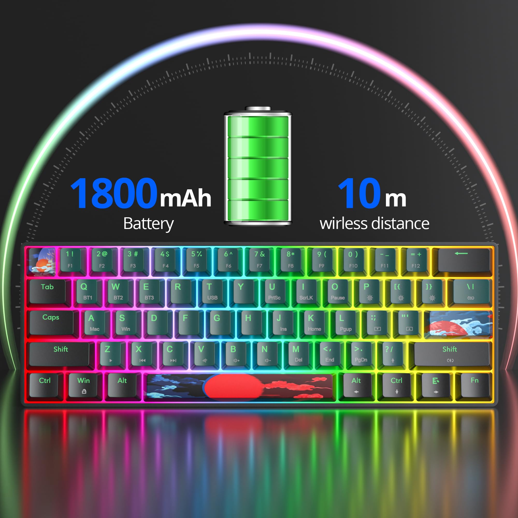klawiatura gamingowa 60 procent bezprzewodowa, 60% klawiatura mechaniczna Bluetooth Wireless, podświetlenie RGB, układ American QWERTY dla graczy na PC i MAC (GT61-Sound Wave-Żółty)