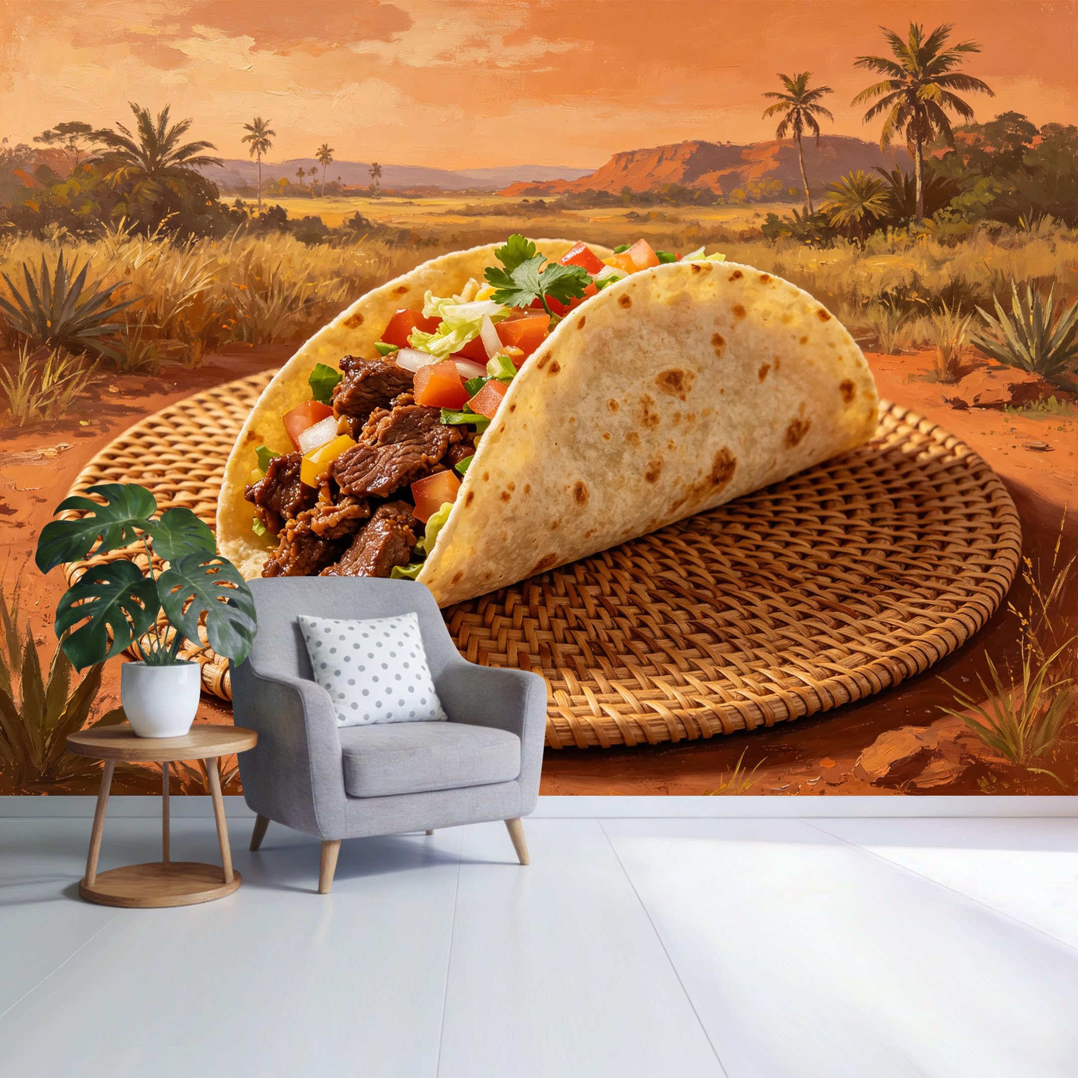 Custom Size Wall Mural Southwestern Landscape Desert Scene with Taco and Palm Trees Warm Sunset Tone SelfAdhesive Wall Fabric Removable Wallpaper for Home Office Decor
