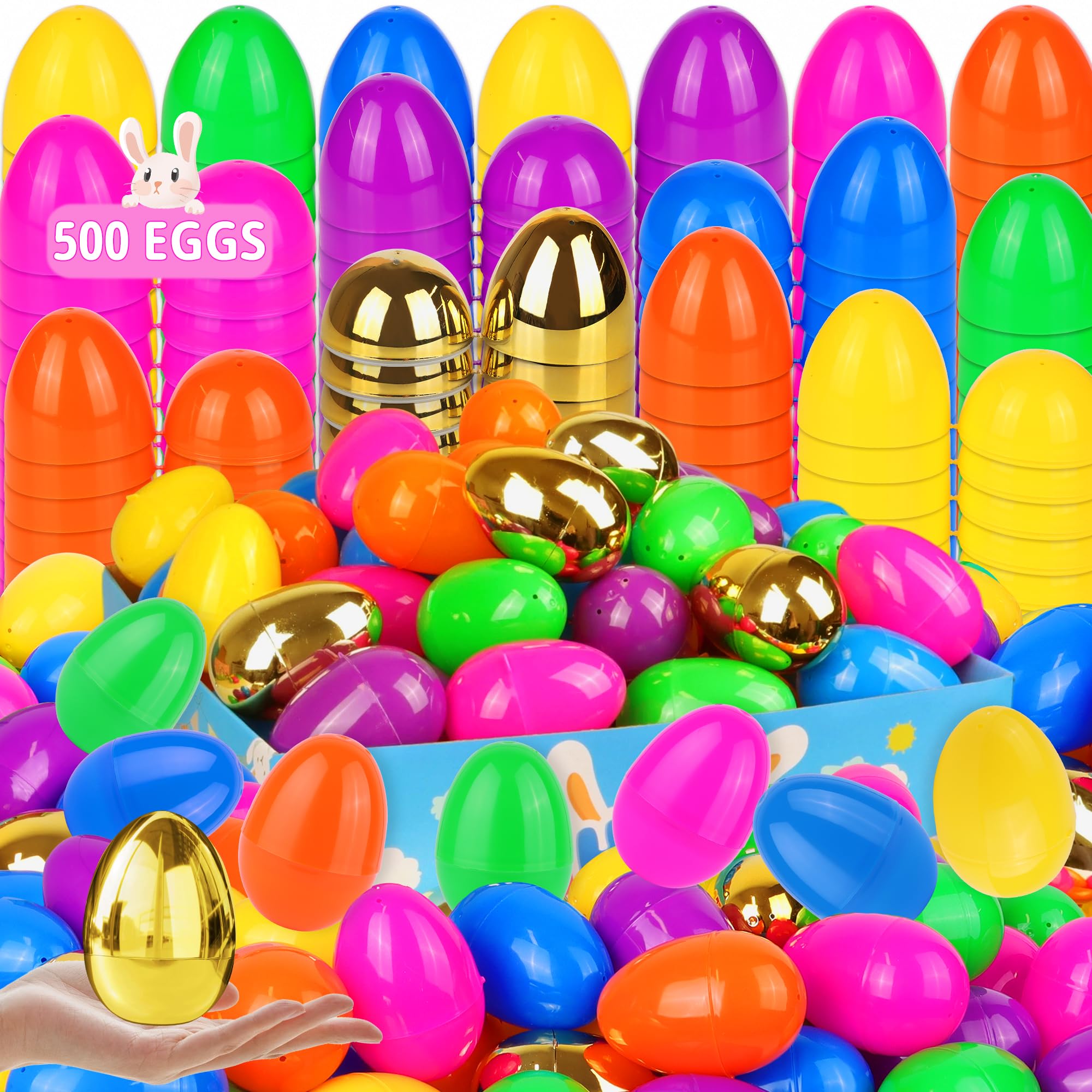 Photo 1 of 500 Pack Colorful Fillable Easter Eggs with 6 Surprise Golden Eggs, 2.4 Inch Plastic Easter Egg Empty for Easter Hunt Party Favors Easter Basket Stuffers Fillers Classroom Prizes for Kids Boys Girls