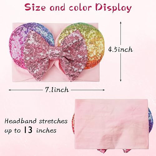 Miniatura 6 de 3 diademas de orejas de ratón para bebé niña con lazo de lentejuelas, diadema de nailon de 4.5 pulgadas de ancho, diadema de parque temático,