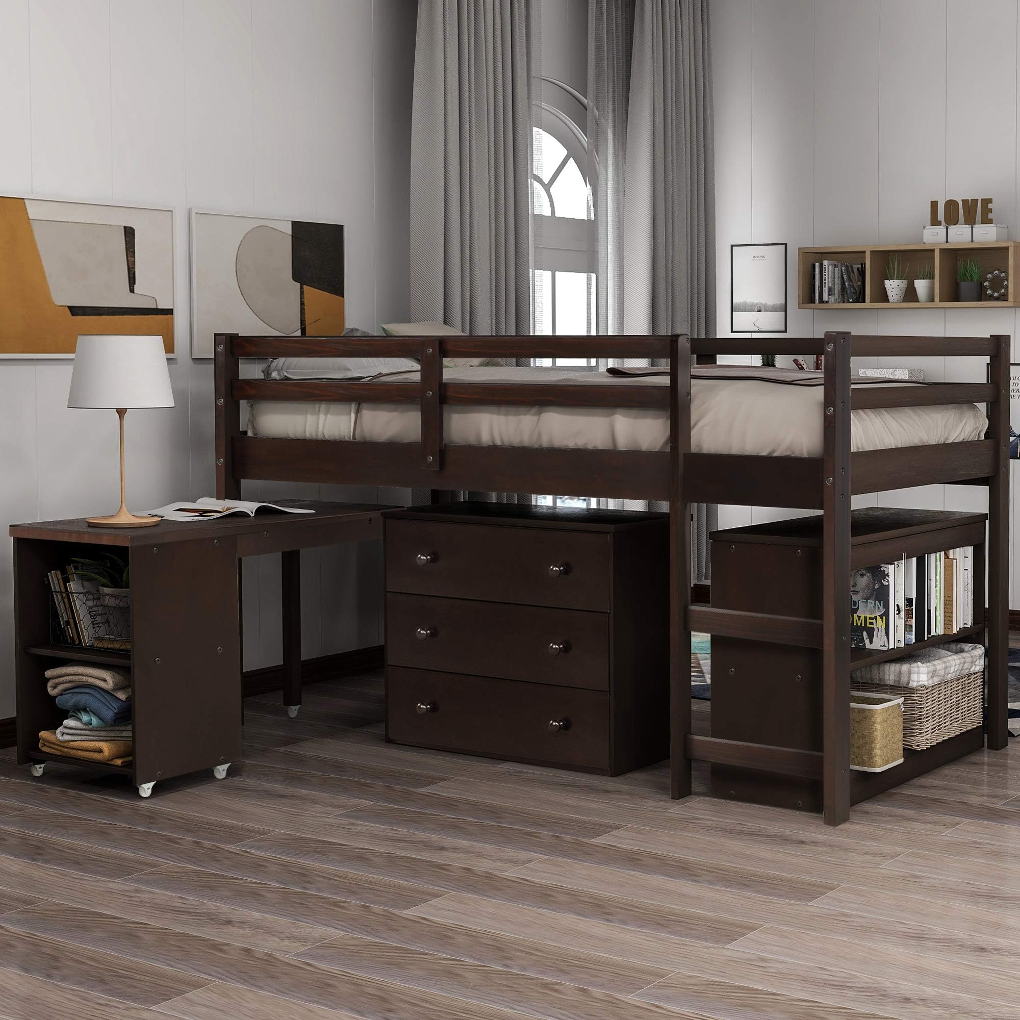 Low Loft Bed Twin Size with Rolling Portable Desk & Drawers & Bookshelves,Wooden Loft Bed Frame with Full-Length Safety Guardrails and Ladder for Kids Teens Boys Girls,No Box Spring Needed,Espresso