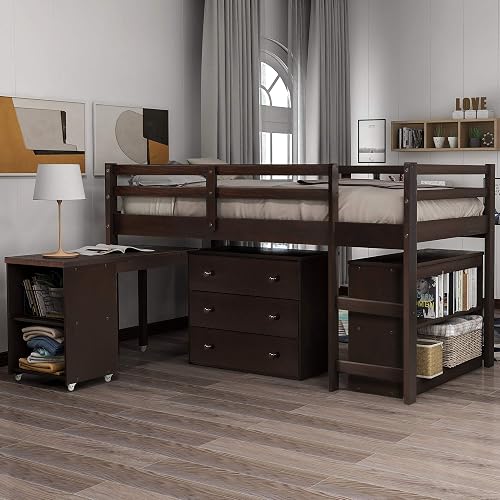Harper & Bright Designs Twin Loft Bed with Desk, Wooden Loft Bed Frame, Low loft Bed Twin with Storage Cabinet and Rolling Portable Desk for Kids and Teenagers (Twin Size,Espresso)