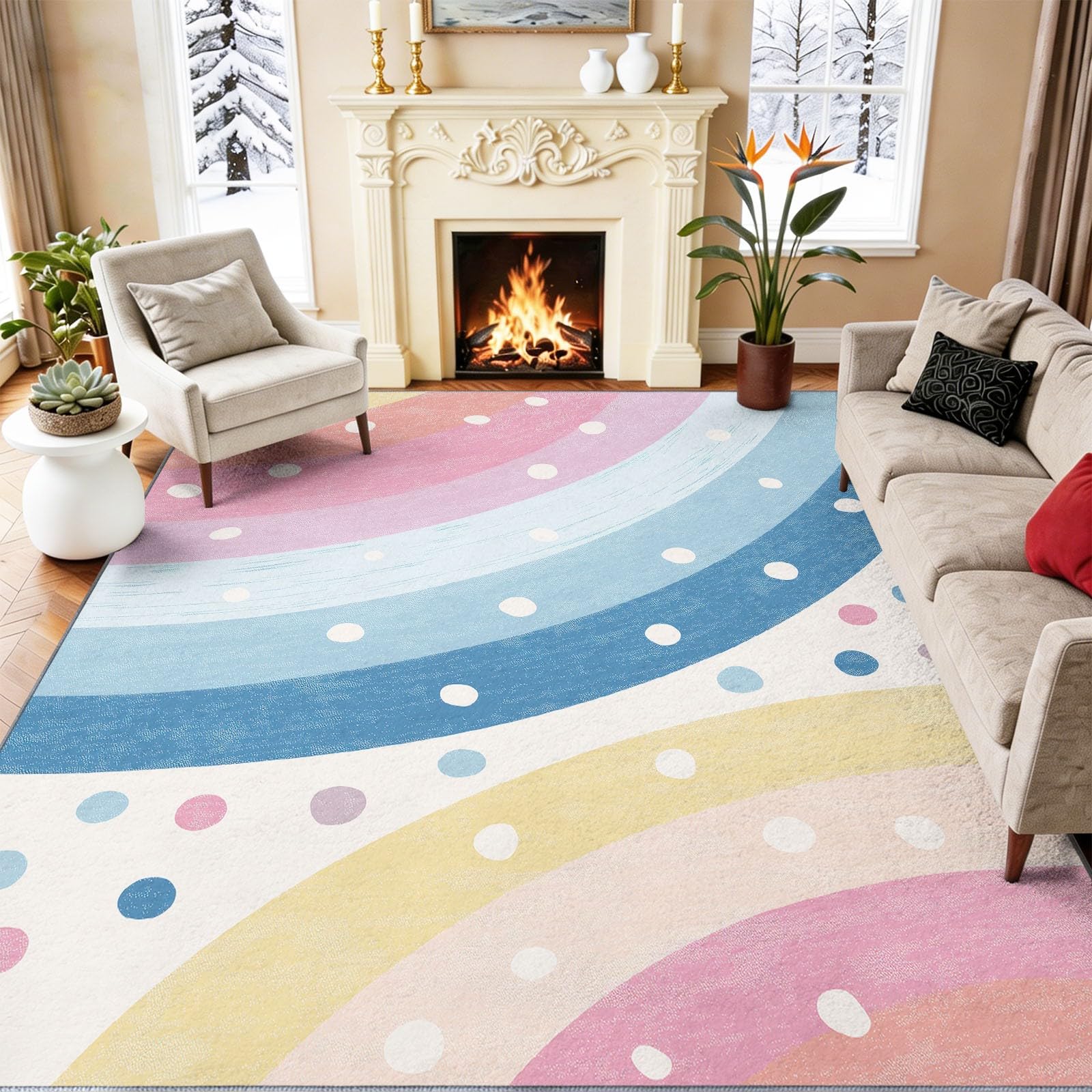 Waschbar Teppich 160 x 230 cm - Bohemian Minimalistisch Tupfen Regenbogen Teppiche Wohnzimmer - Weich, Kurzflor & rutschfest Teppich Schlafzimme für Teenager Mädchen & Jungen, Mehrfarbig