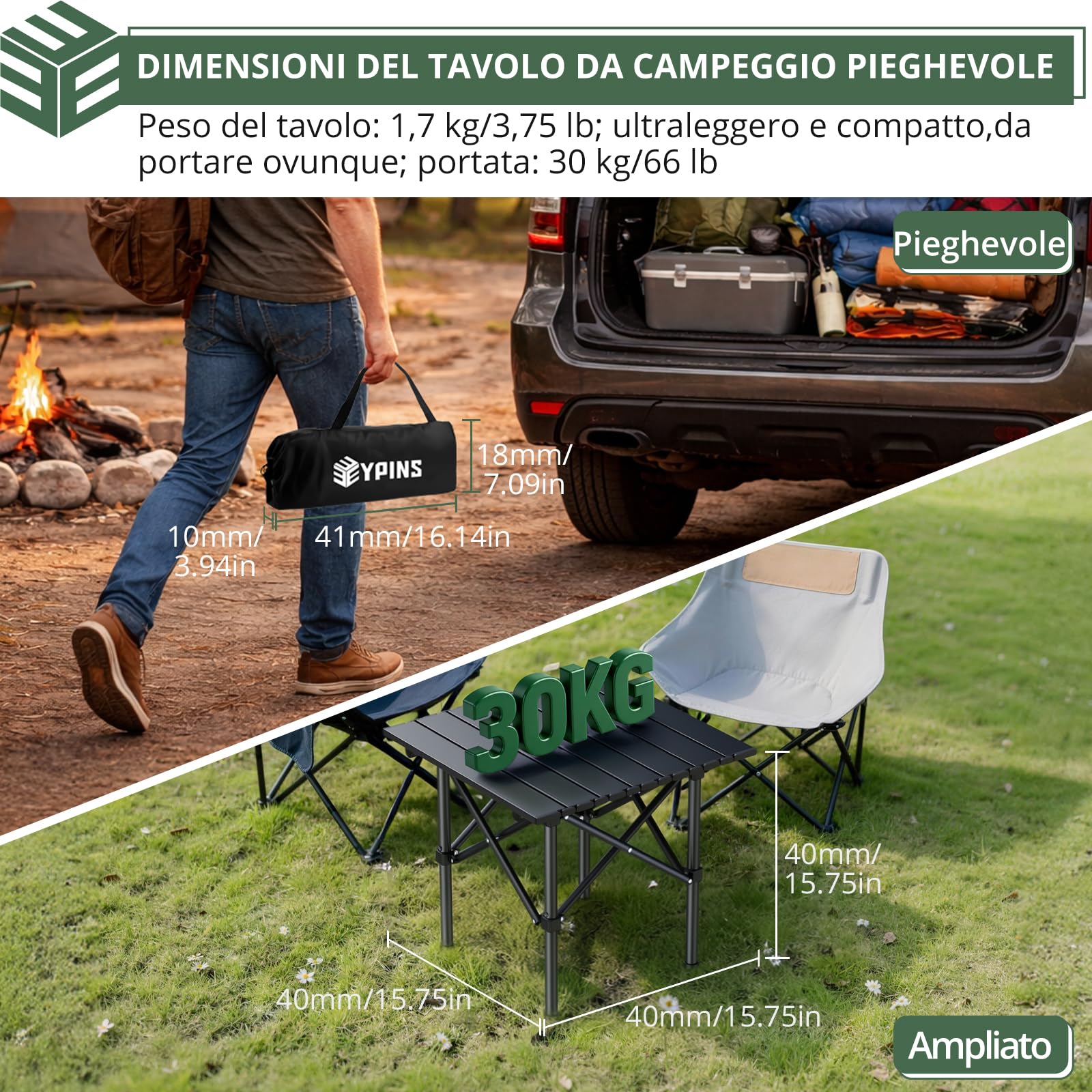 EYPINS Tavolo da Campeggio Pieghevole Leggero,Portatile con Borsa da Trasporto,Tavolino con Struttura Stabile,Impermeabile,per Picnic,Spiaggia,Barbecue,Escursionismo,Viaggi,Pesca,40x40x40 cm