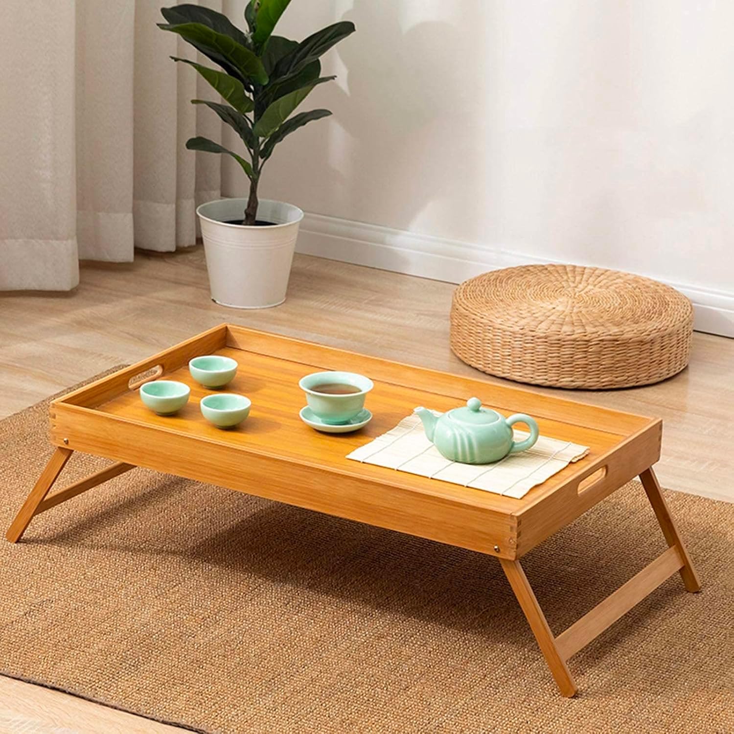 Avilia Vassoio Colazione a Letto in Bambù con Impugnature e Gambe Pieghevoli - Perfetto per Mangiare Comodamente a Letto - 50x30x21cm