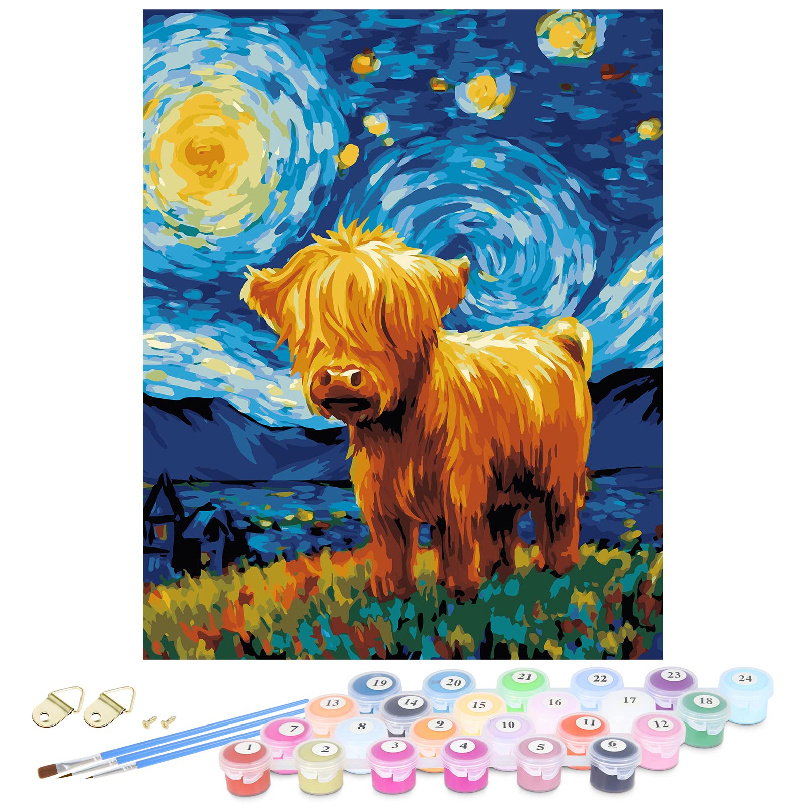Nuberlic DIY Paint by Number for Adults Kids Beginner Acrylic Painting by Number Kits 16x20 Inch Starry Sky Highland Cow Pattern On Canvas Paint by Numbers (Without Frame)