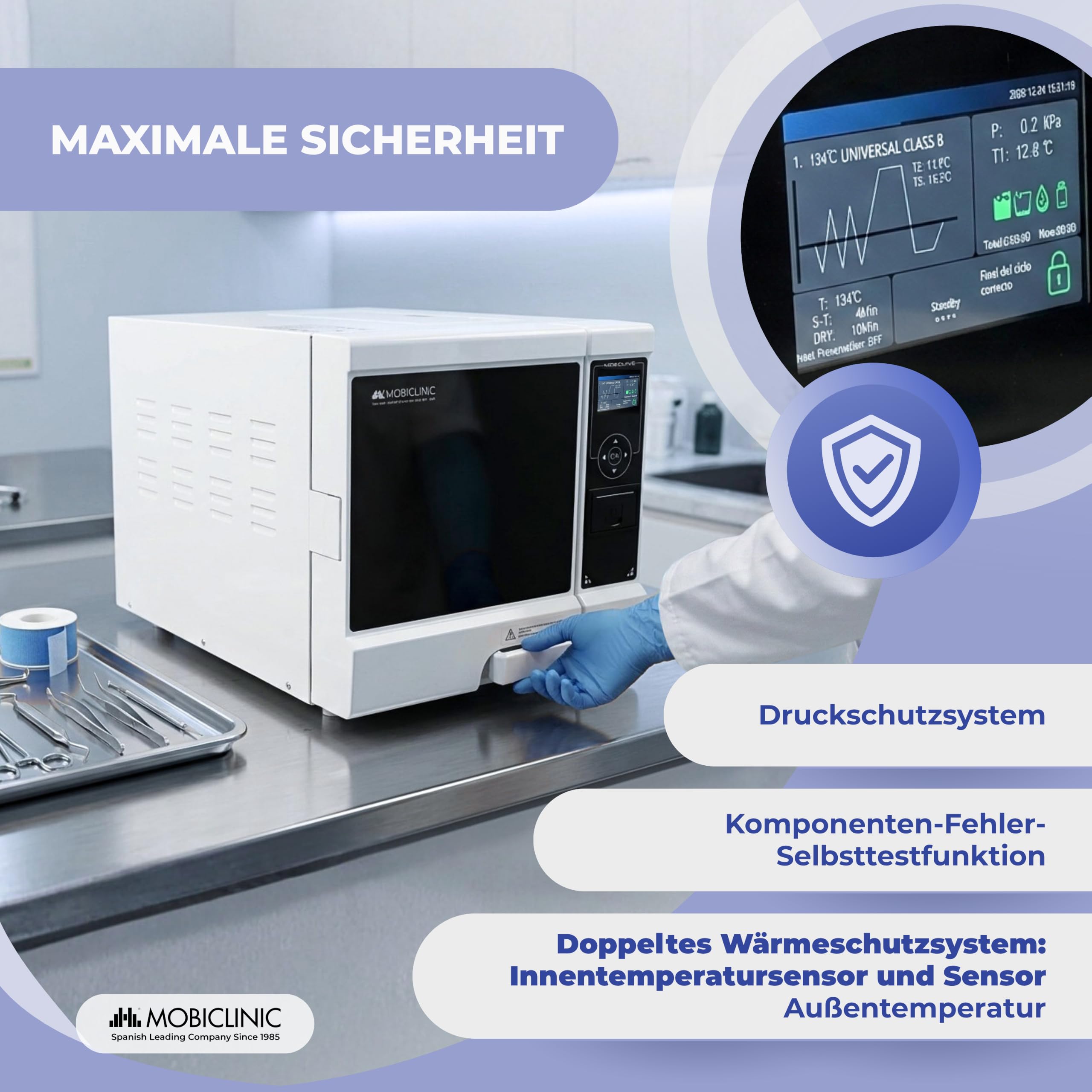 Mobiclinic®, Professioneller Autoklav, 12L-Dampfautoklav-Sterilisator, 99% Desinfektionsmittel mit 360°-Abdeckung, LCD-Bildschirm, anpassbare Programme, Drucker, USB, Kliniken und Labore, MobiClave