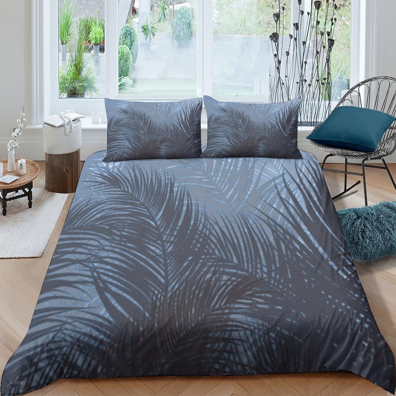 Ctjqhvkz Style-9 3D Printed Palm Leaf Fitted Sheet Microfiber Grey Botanical Bed Cover For Bedroom Dorm Mattress Protection Decor Single（135X200cm）