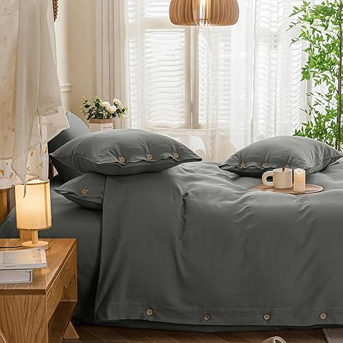 Miniatura 7 de JELLYMONI - Juego de funda de duvet de algodón lavado color gris con cierre de botón y fundas, juego de 3 piezas tamaño king (no incluye el edredón