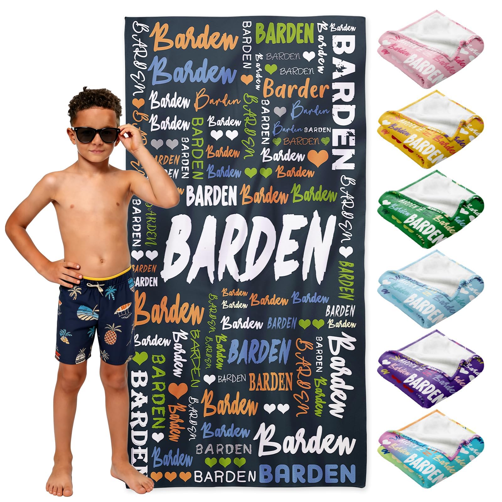 Loosusu Personalised Beach Towels for Kids - Custom Beach Towels with Monogram & Name- Multiple Colors Swimming Towels for Kids,Customised Bath/Pool/Beach Towel for Boys Girls(Style1)
