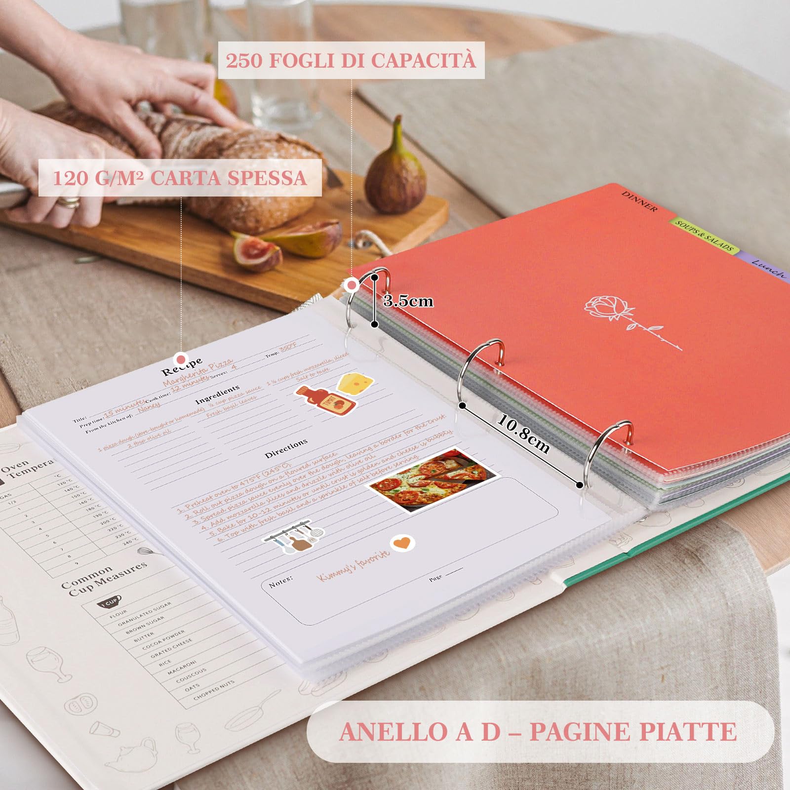 Lanpn Raccoglitore per Ricette, libro Ricettario Quaderno per Ricette da Scrivere a 3 Anelli con 8 Divisori & 2 Adesivi, Recipe Binder Cook Book Journal to Write in Your Own Recipes, Inglese