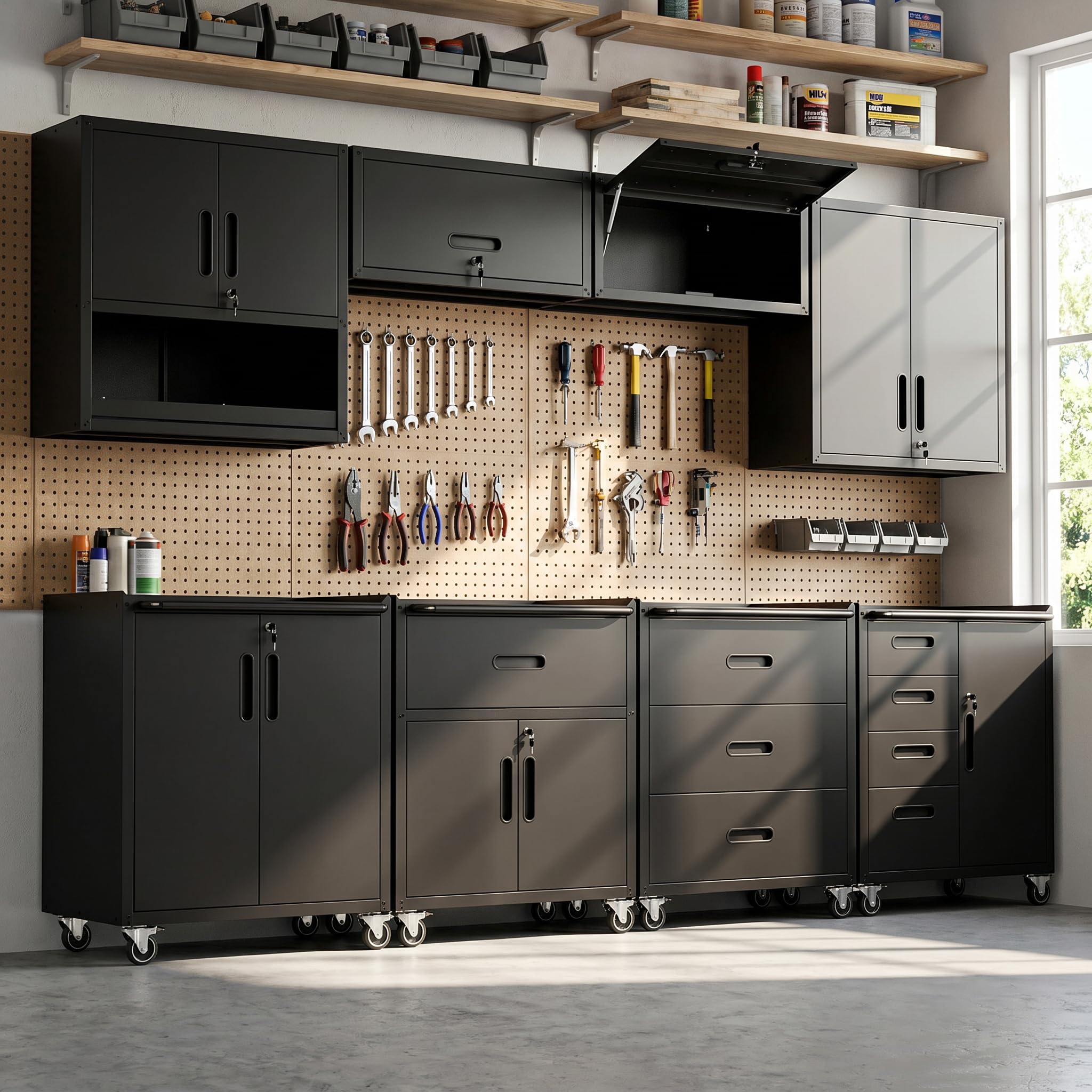 8-Piece Heavy Duty Steel Garage Cabinet System | All-in-One Modular Garage Cabinet Set for Ultimate Workshop Organization | Easy Assembly Garage Storage Cabinets &amp; Tool Bench (Black)