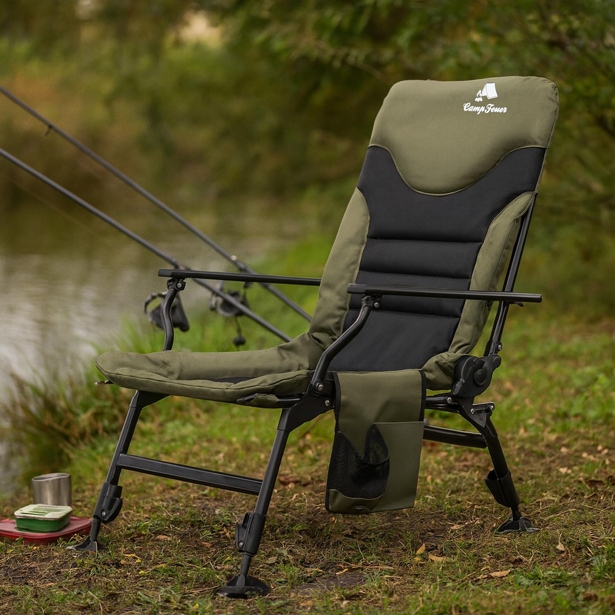 CampFeuer Angelstuhl Moosgrün/Schwarz | Höhenverstellbarer Campingstuhl | Faltbarer Karpfenstuhl | Outdoor Travelchair für Camping, Zelten, Angeln | Fischerstuhl klappbar, Carp Chair, Angelliege
