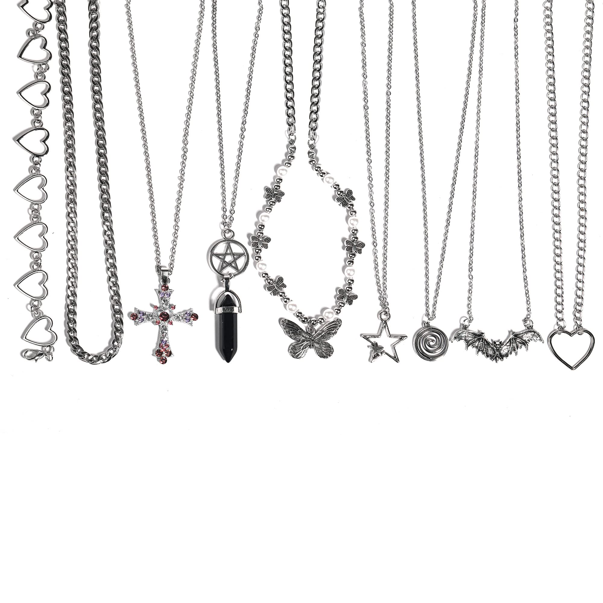 LIRUNQIN グランジネックレス9点セット ゴスクロス 妖精 いばら ゴシックエンジェル ハート フェザー チェーン チョーカー ネックレス レディース ティーン ガールズ, 亜鉛, 宝石なし