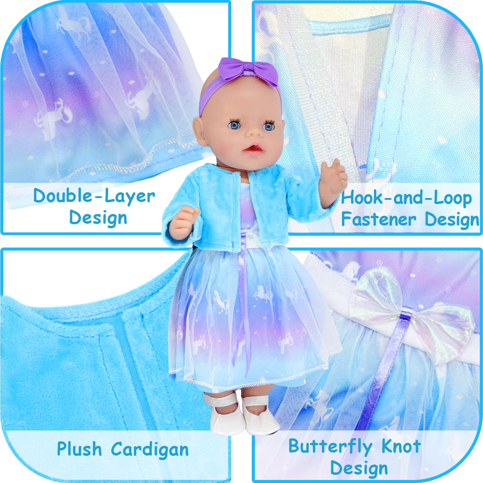 WanderGo Baby Doll Clothes for 35-43 cm Dolls, 5-Piece Outfit Including Dresses, Jackets, Shoes, Hairband - Image 2