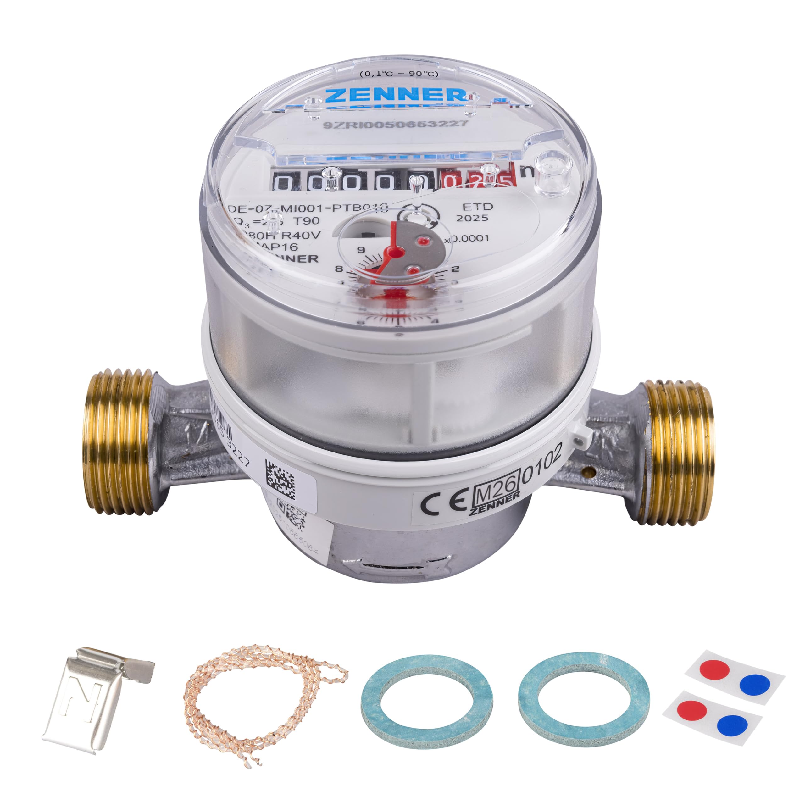 Contador de agua de Zenner Q3 = 2,5 para agua fría + caliente, BL 110 mm, 3/4 pulgadas de conexión/calibrado 2026 con la marca "CE M26 0102" lateralmente en el contador.