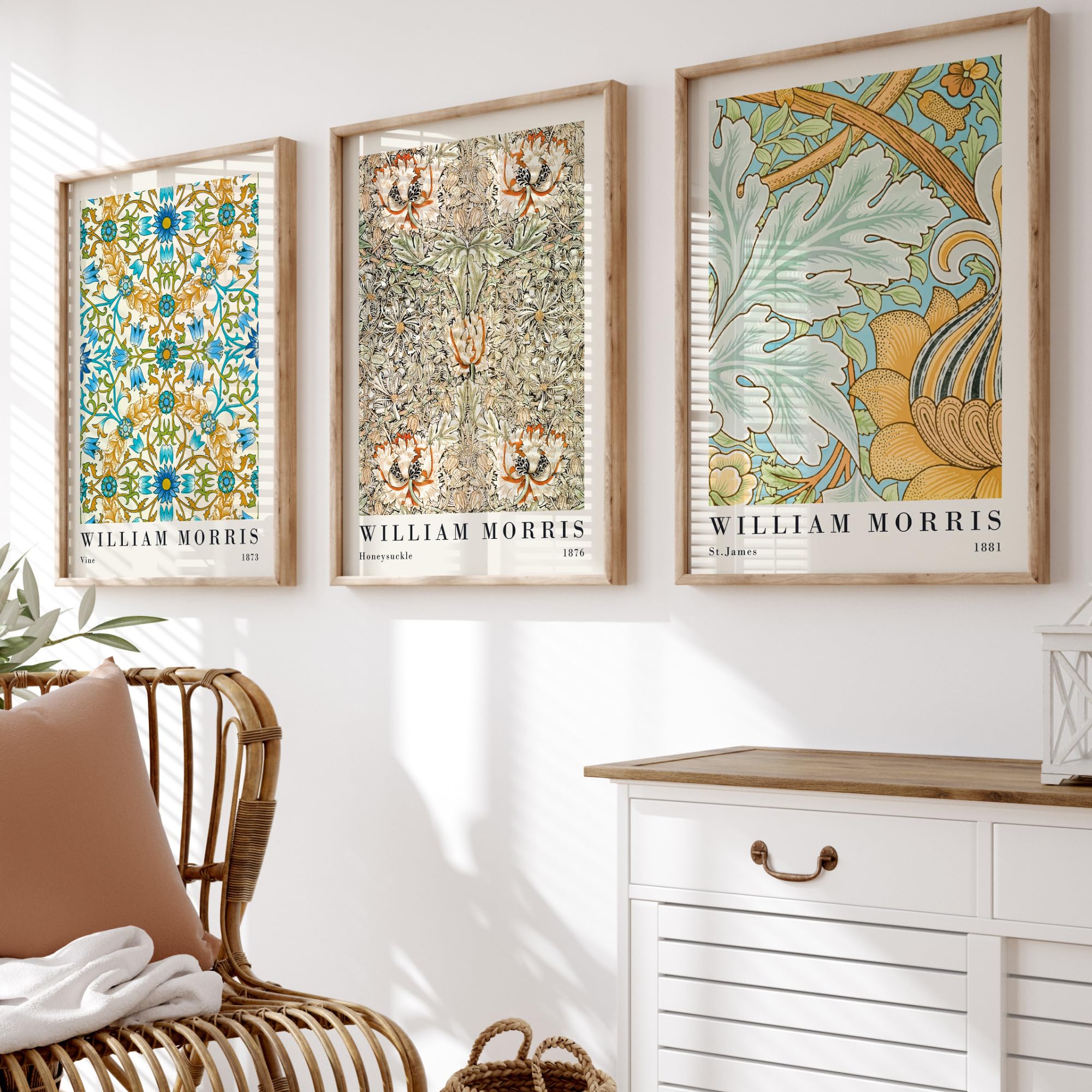 BlissPrintStudios Set of 3 William Morris Exhibition Prints – A3 Vintage Botanical Gallery Wall Set – Vine, Honeysuckle & St. James Patterns – 250gsm Premium Paper – Unframed