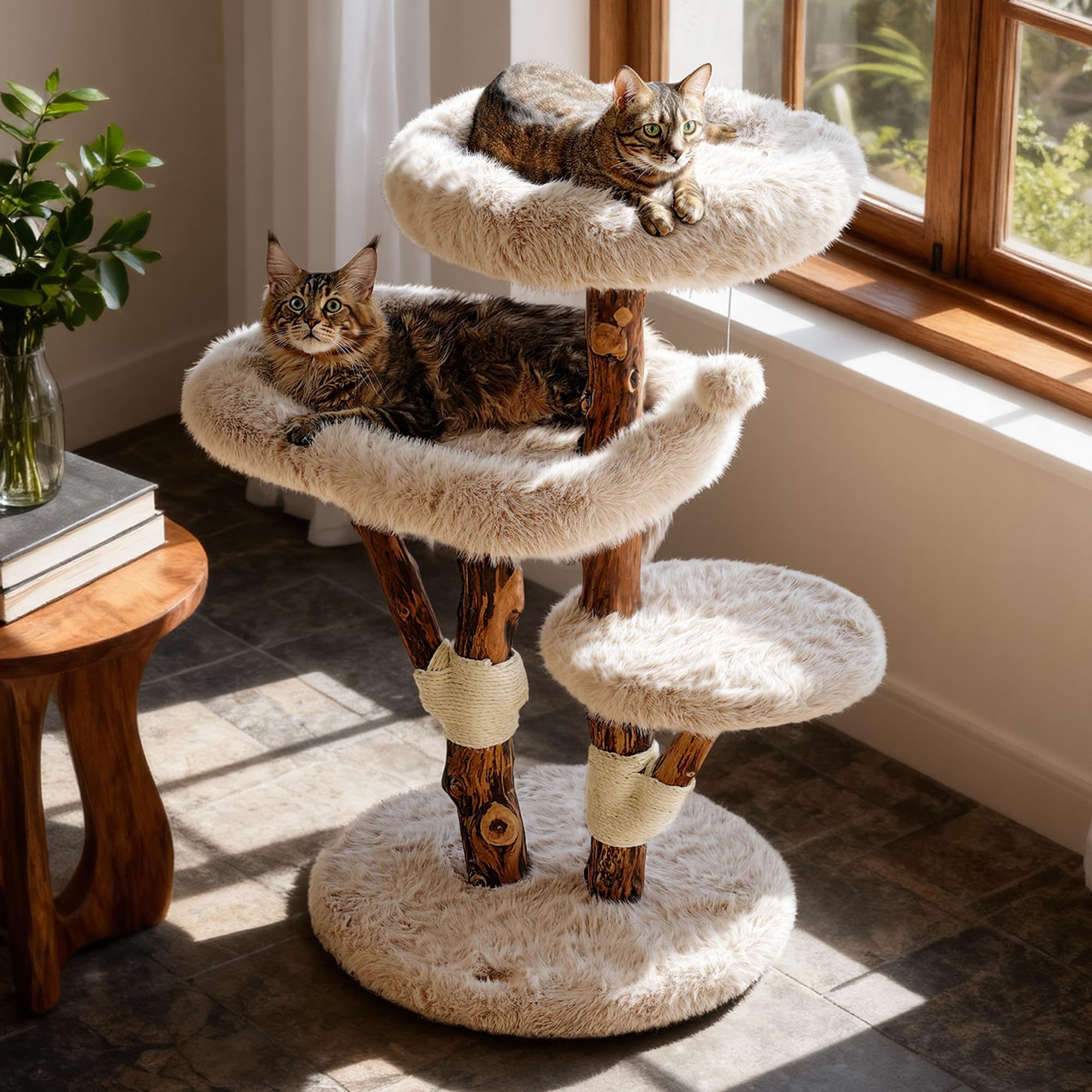 Aesthetic Cat Tree Tower for Large Cats, Large Cat Tree for Maine Coon Indoor Cats with Faux Fox Fur, Solid Wood Sisal Scratching Post, Perches, Platform & Toy Ball