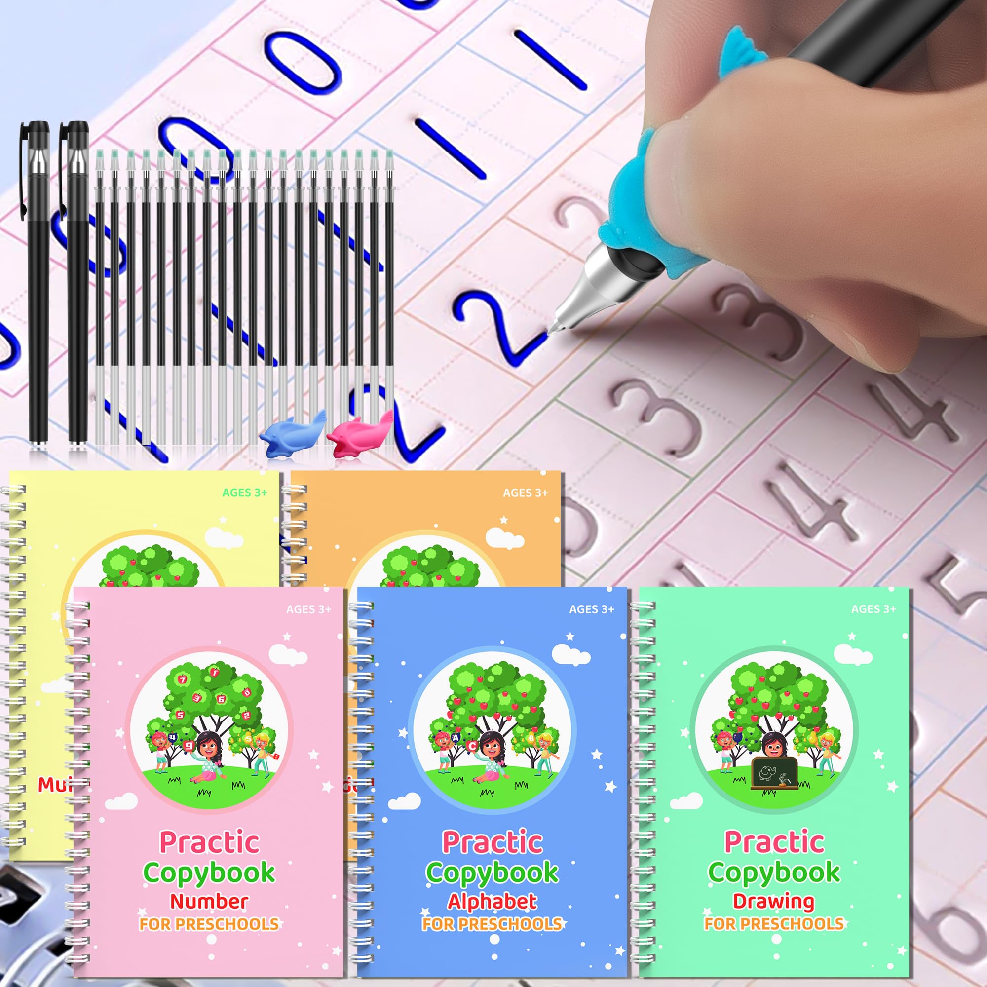 WANFRES Magic grooved Writing Practice Books Great for Beginners, 5 Books, 2 pens, 2 Pencil Grips, 20 Refills. grooved Handwriting Practice for Kids 3-10, Reusable grooved Handwriting workbooks.