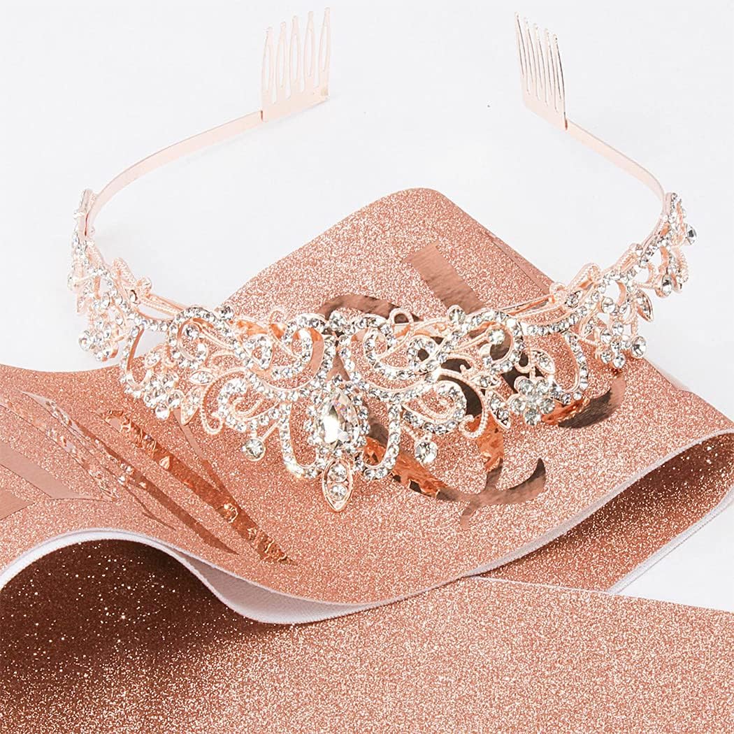 COCIDE Rose Gold Birthday Sash & Birthday Tiara Set - Crowns and Tiaras for Women Decorations Kit Rhinestone Queen Headband for Girl Glitter Crystal Hair Accessories for Party Cake Topper Favors Gift - Image 4