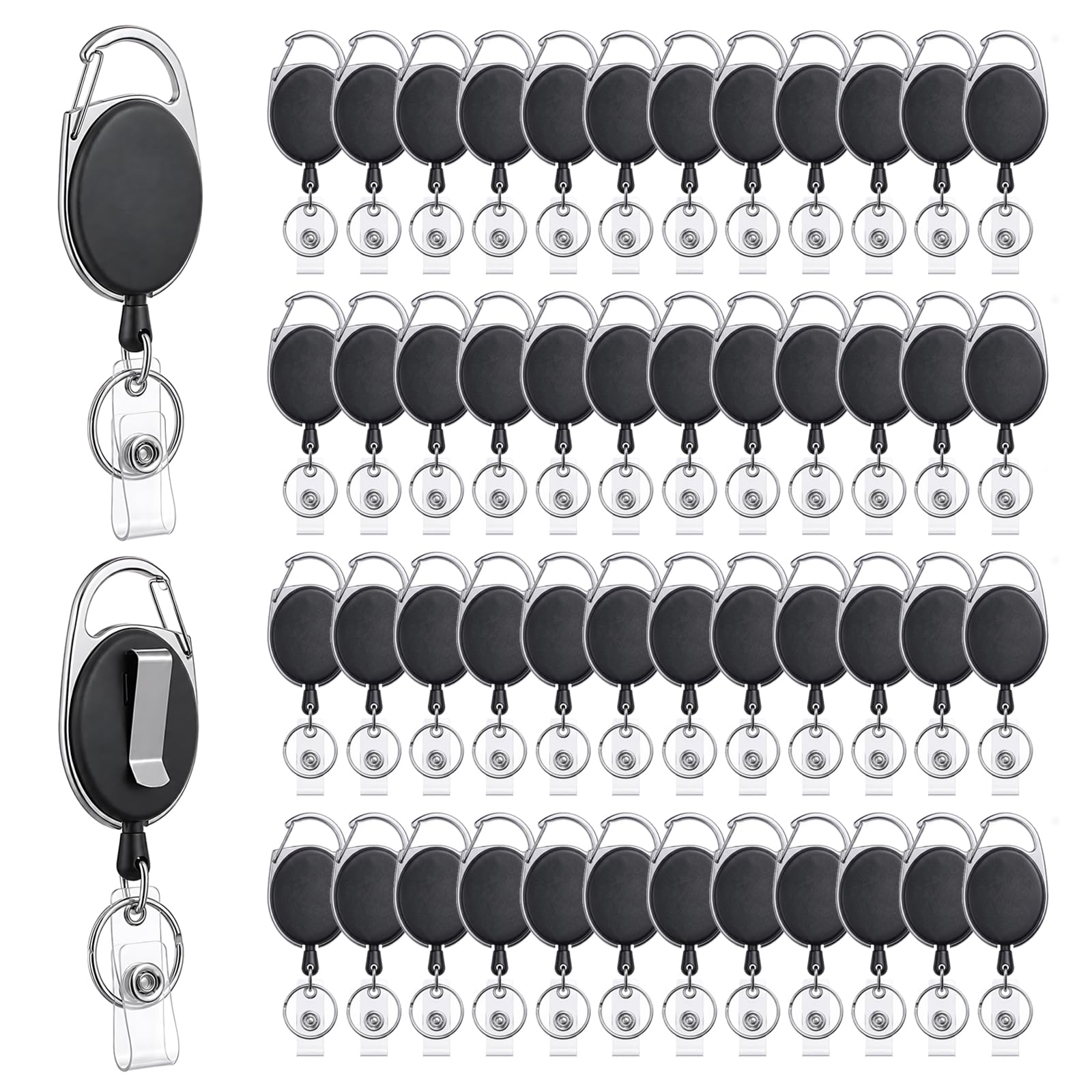 Margolongte 50 Packs Heavy Duty Badge Reels Retractable with Carabiner Belt Clip and Key Ring, Badge Holders for ID Card Name Keychain – 26.5 Inch Pull Cord (Black)