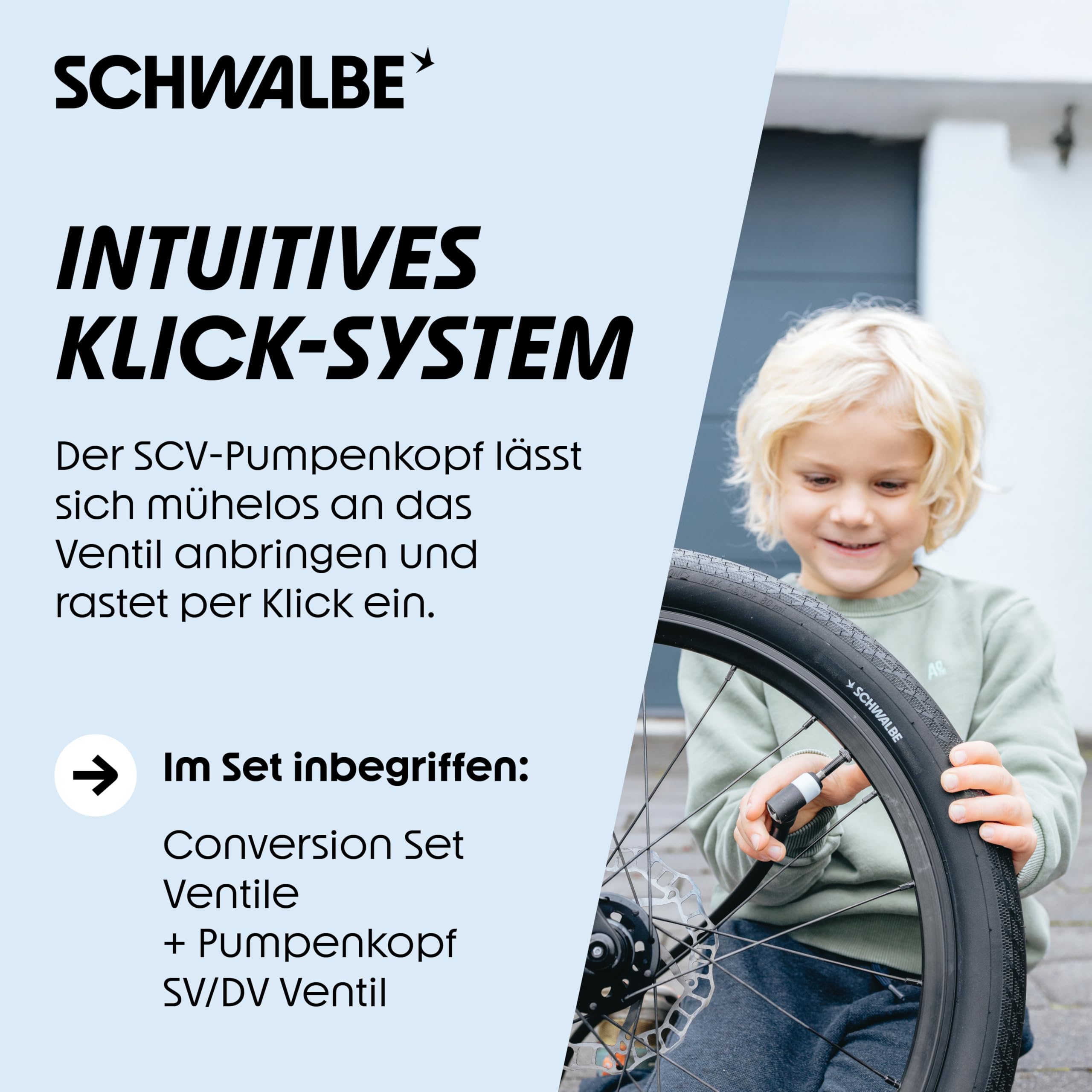 Schwalbe Clik Valve - nakładka na wentyl rowerowy, zestaw do konwersji DV-SCV (Valves with Pump Head)