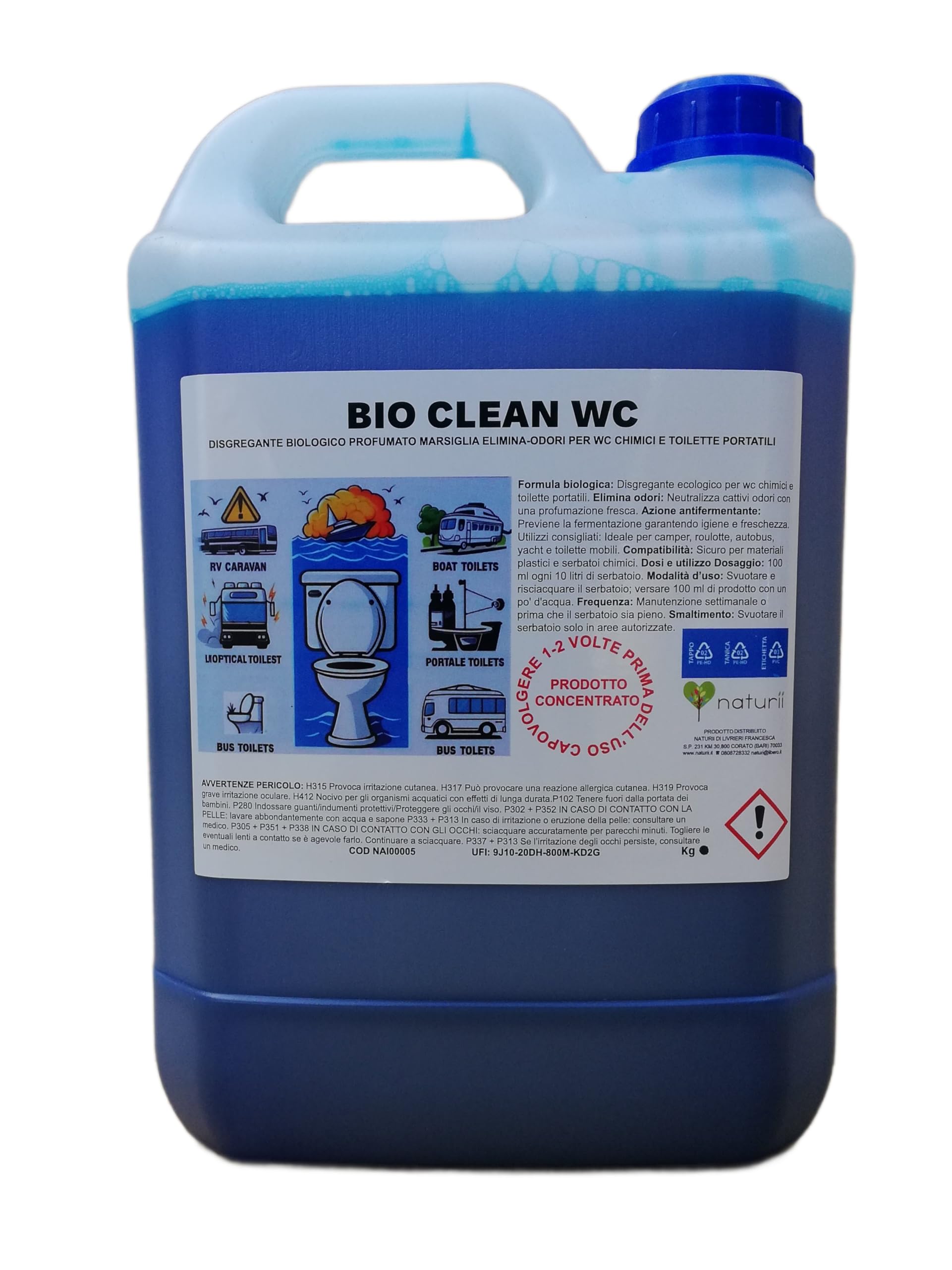 BIO CLEAN WC Disgregante Profumato per WC Chimici e Toilette Portatili, Azione Antiodore, Previene Fermentazione, Ideale per Camper Roulotte Yacht e Bagni Portatili, Tanica 5 kg con Beccuccio Dosatore