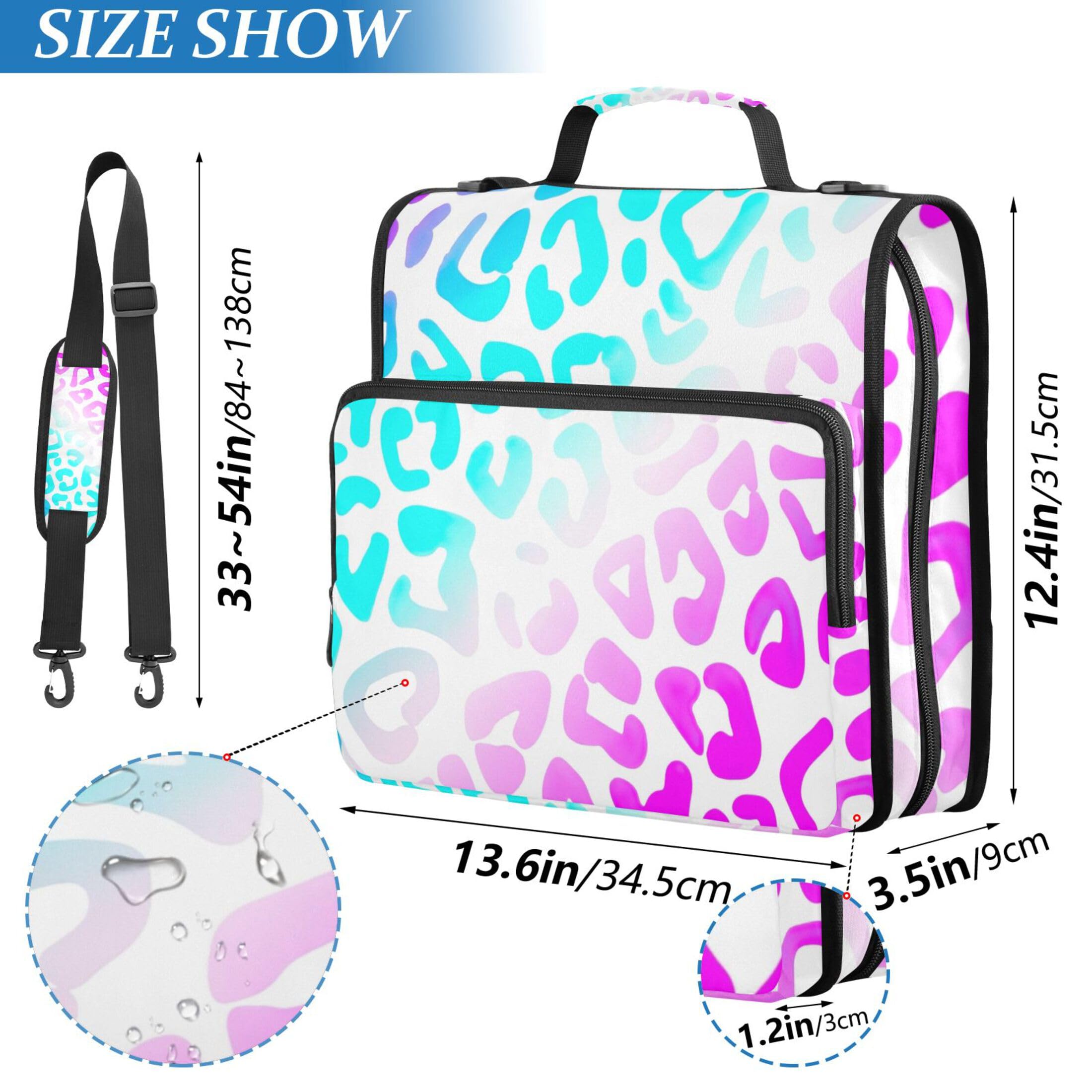 Raccoglitore a 3 anelli con cerniera, motivo leopardato, blu, rosa, viola, 3,8 cm, con tracolla, con manico
