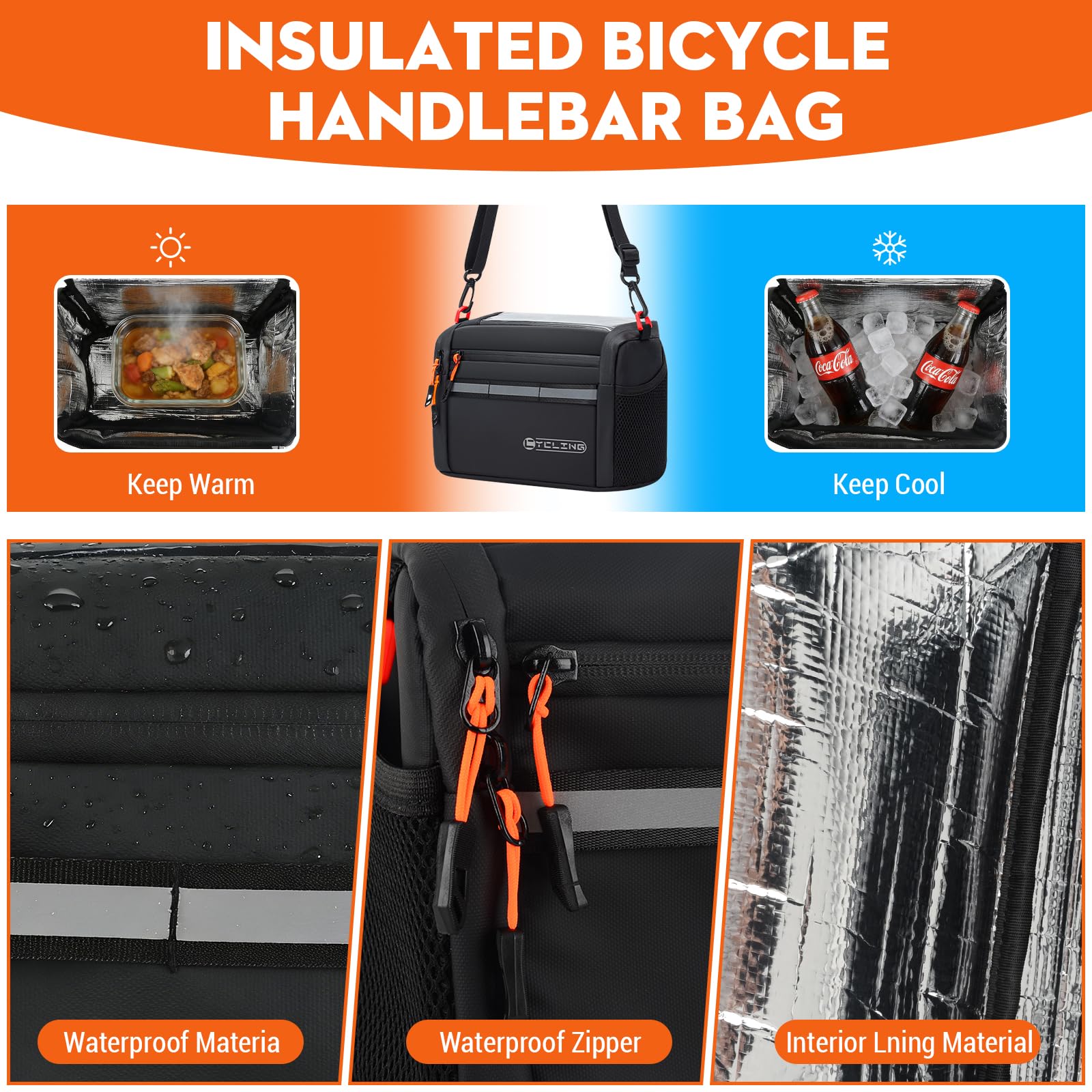 Borsa Manubrio Bici, 5L Borsa da Manubrio per Bicicletta con Tracolla Regolabile, Schermo Touch, Termica e Impermeabile, Accessori Bici per MTB, Bici da Corsa, e-Bike