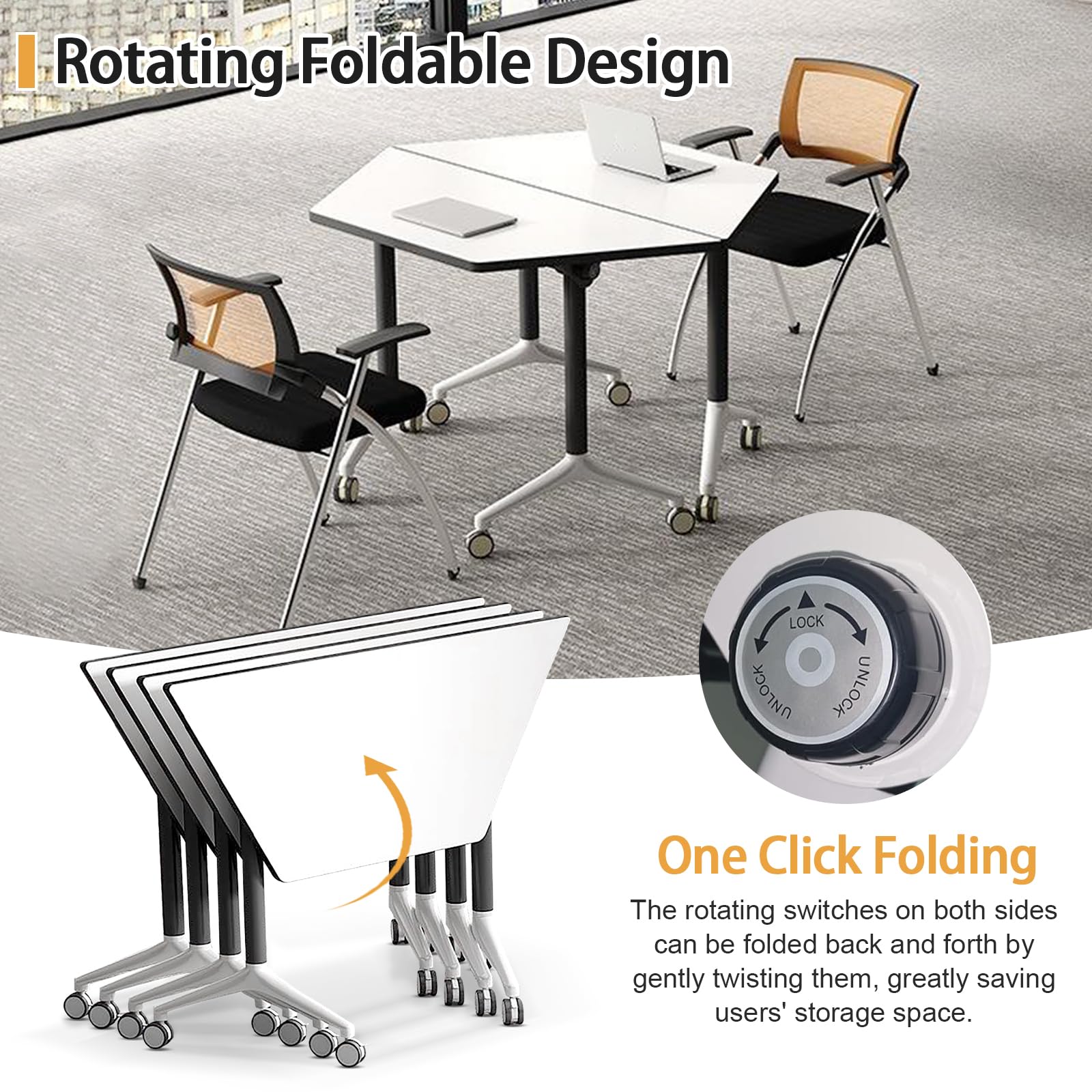 Tavolo da conferenza pieghevole trapezoidale bianco con design flip top, tavolo portatile per riunioni e allenamento per ufficio, aula ed eventi