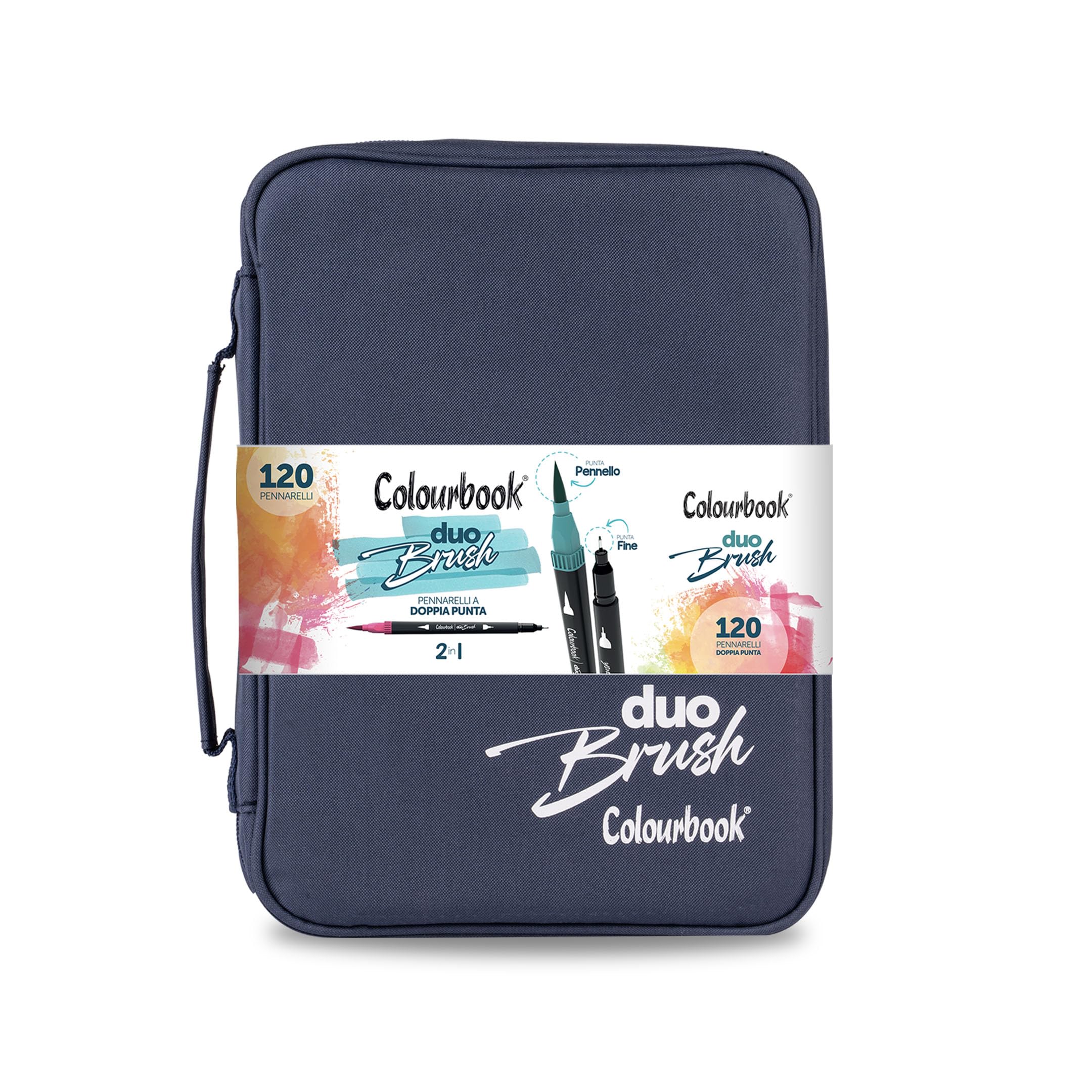 Colourbook - Pennarelli Duo Brush, Doppia Punta 2.5mm e 5mm, 120 Pennarelli Professionali per Disegno Artistico, Punta Fine e Morbida, Valigetta Organizzata (Blu Navy)