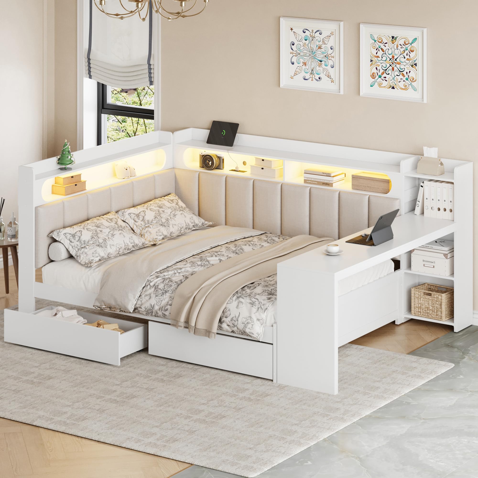 Assembled SOFTSEA Full Size Corner Bed in white with upholstered headboard, desk, and storage drawers.