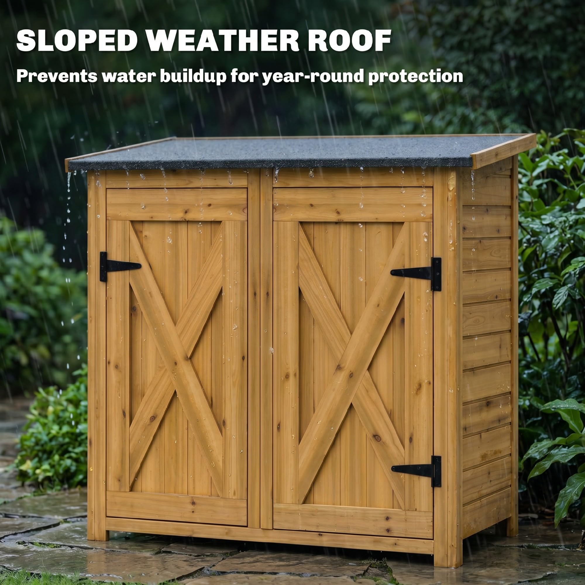 Outsunny Armadio da Giardino in Legno di Abete con 2 Ripiani, Casetta Attrezzi Giardino con Doppia Porta e Chiavistelli, Tetto Inclinato, Capanno Porta Attrezzi per Esterno 115x53x156 cm Marrone
