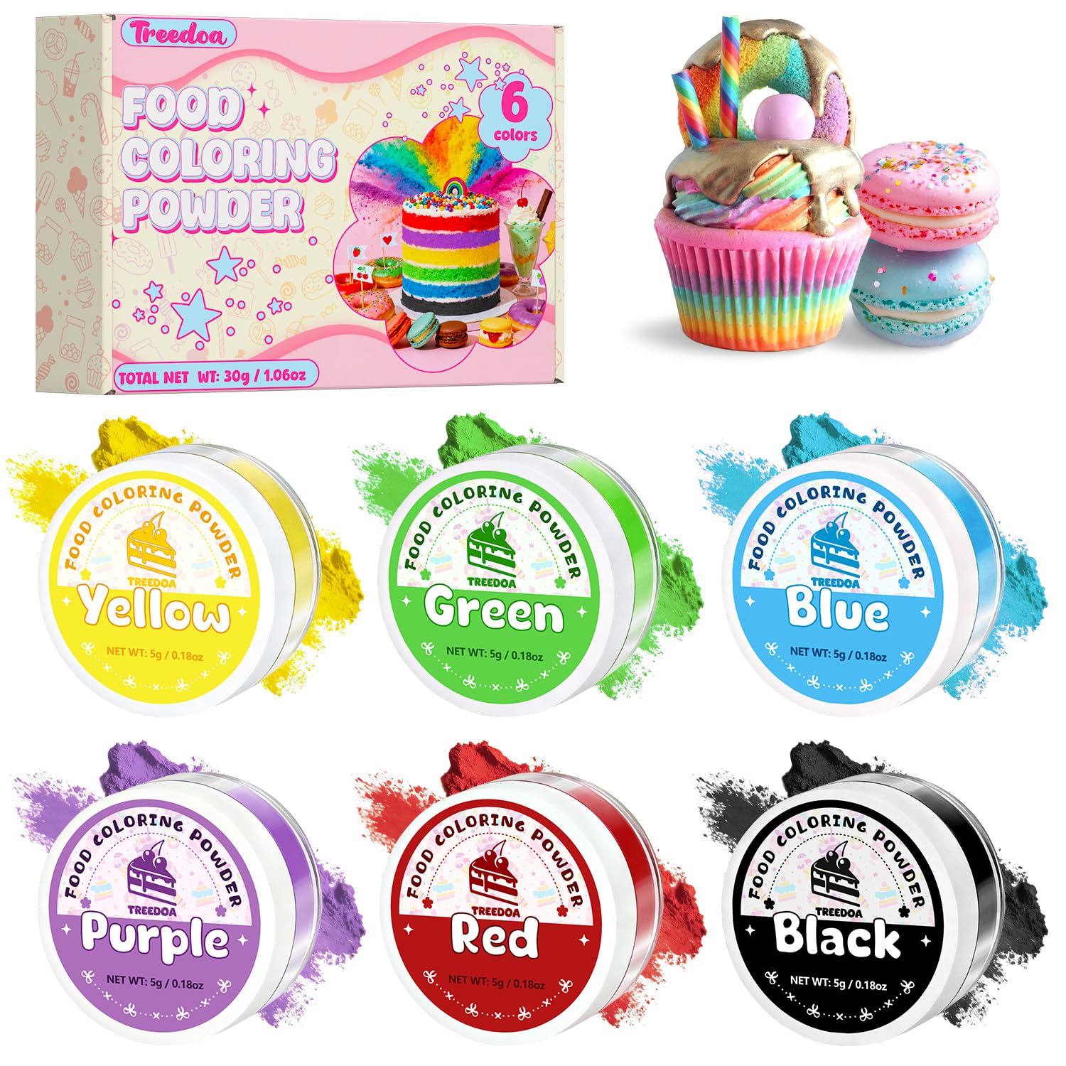 Lebensmittelfarbe Pulver, 5g x 6 Lebendige Farben Lebensmittelfarbe Set, Hochkonzentrierte Lebensmittelfarben, Essbare Farbpulver für Fondant, Buttercreme, Kuchen, Macarons, Backen, Ostereier